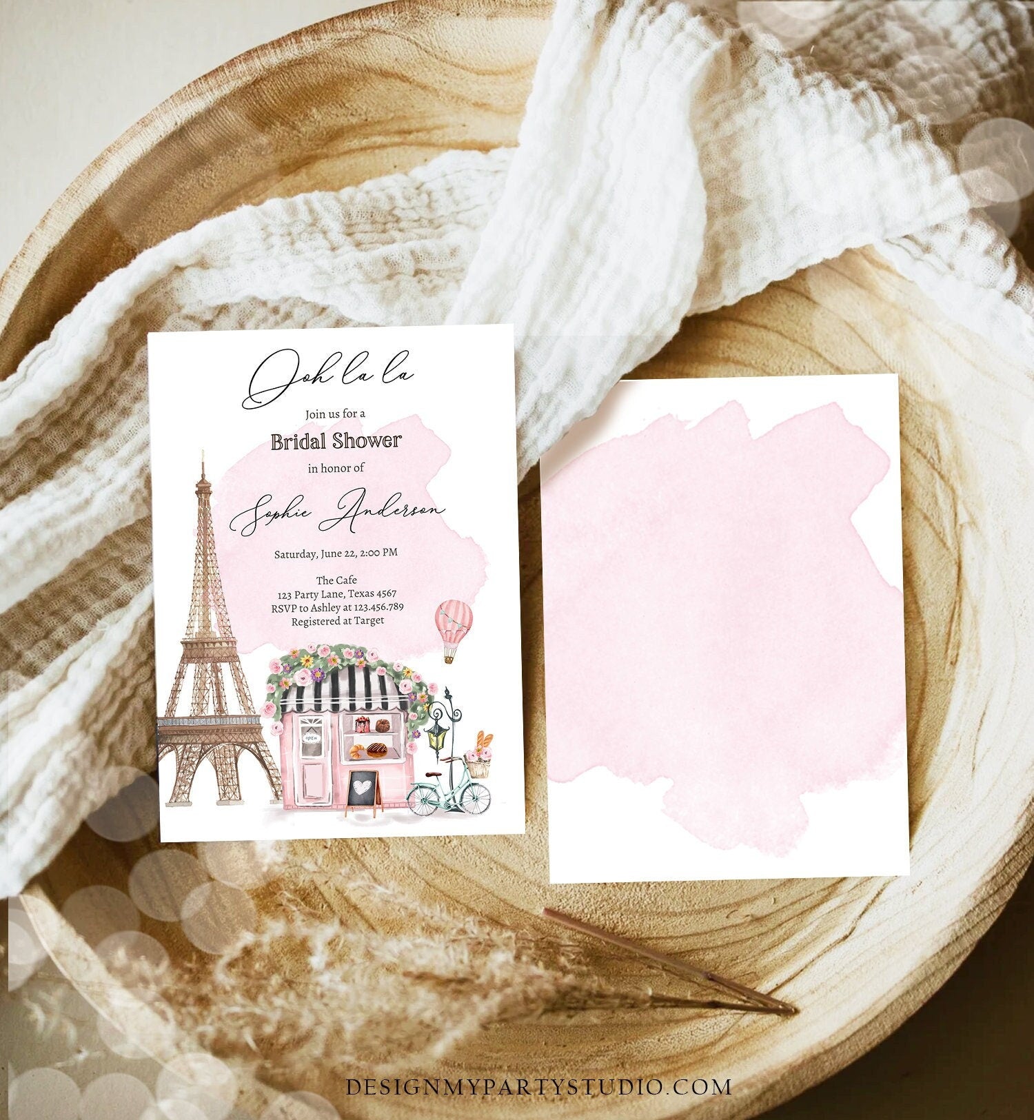 Editable Paris Bridal Shower Invitation French Patisserie Parisian Eiffel Tower Ooh La La Cafe Floral Digital Evite Template Printable 0441