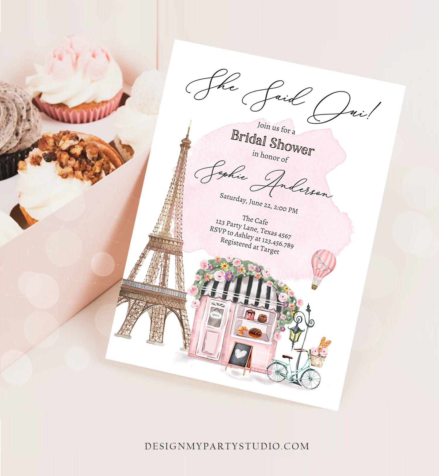 Editable Paris Bridal Shower Invitation She Said Oui French Patisserie Parisian Eiffel Tower Floral Printable Template Corjl Digital 0441