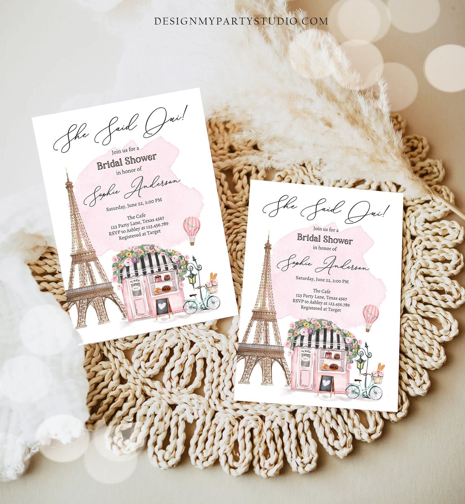 Editable Paris Bridal Shower Invitation She Said Oui French Patisserie Parisian Eiffel Tower Floral Printable Template Corjl Digital 0441