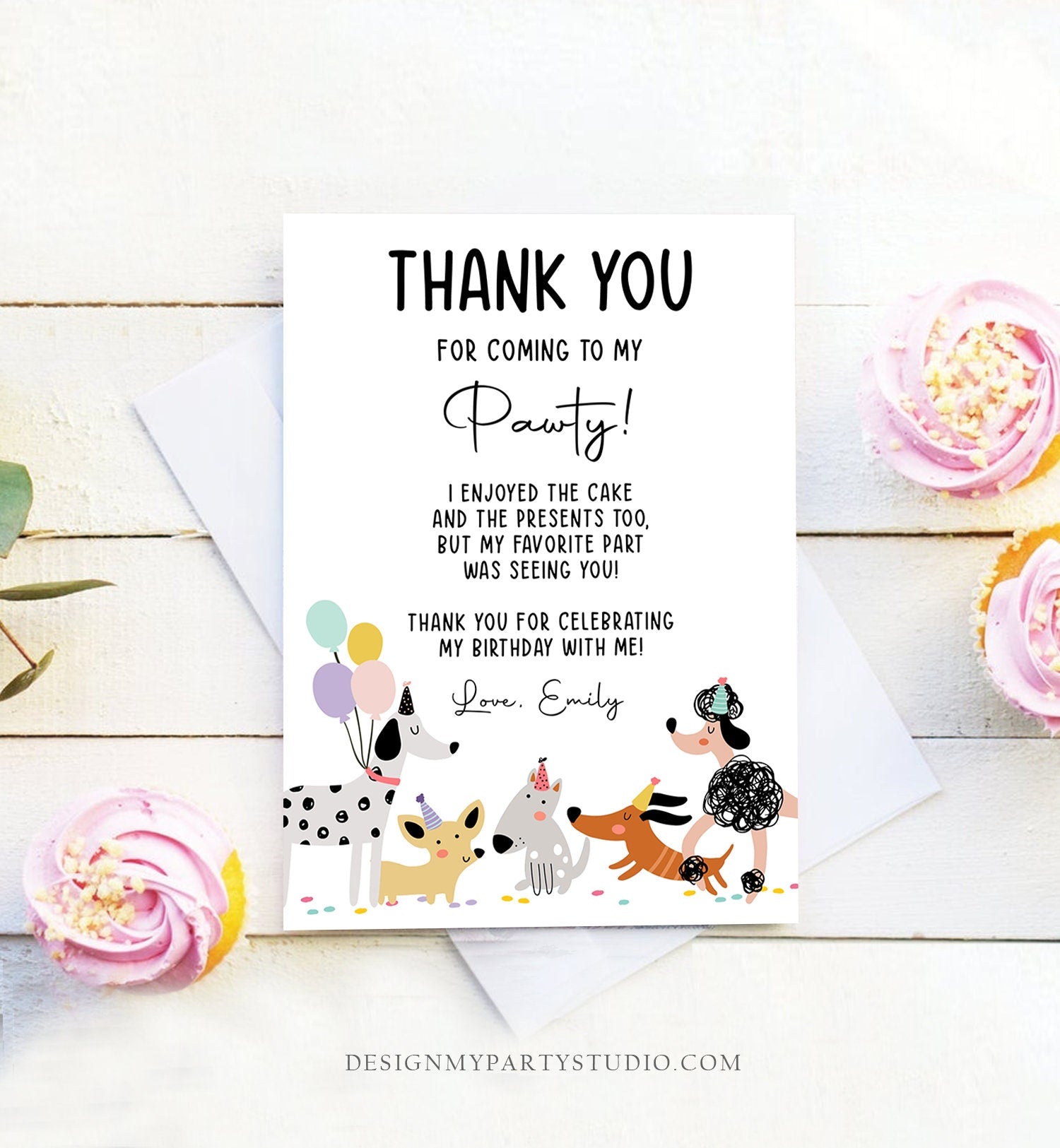 Editable Dog Birthday Thank You Card Puppy Birthday Invite Pink Girl Pawty Birthday Animal Pet Vet Download Printable Template Corjl 0429