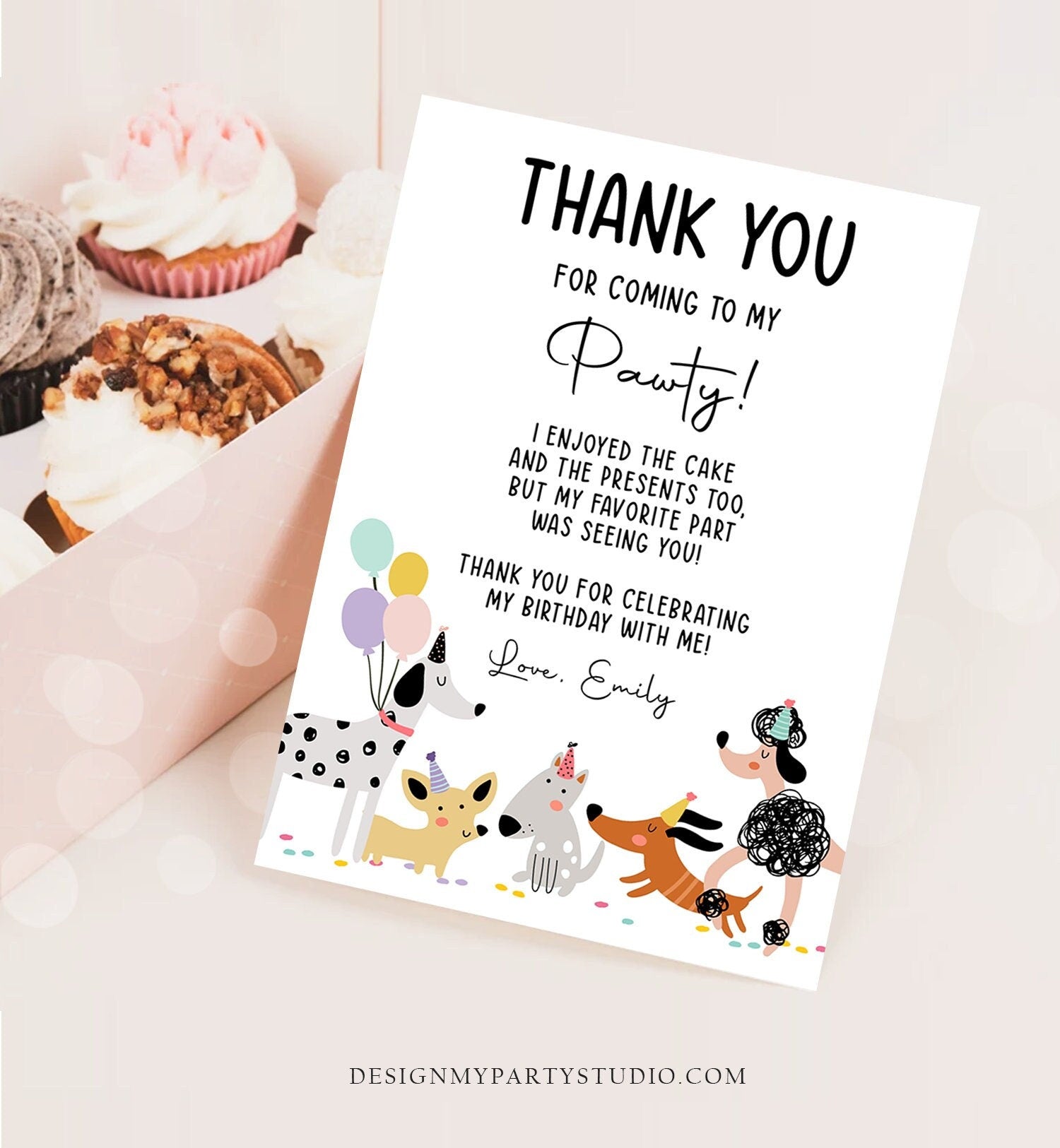 Editable Dog Birthday Thank You Card Puppy Birthday Invite Pink Girl Pawty Birthday Animal Pet Vet Download Printable Template Corjl 0429