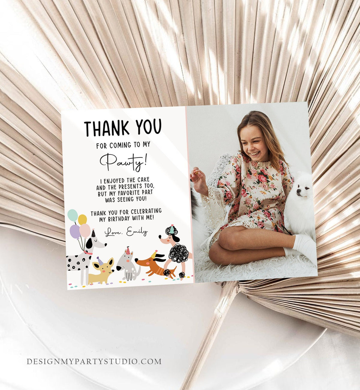 Editable Dog Birthday Thank You Card Puppy Birthday Invite Pink Girl Pawty Birthday Animal Pet Vet Download Printable Template Corjl 0429