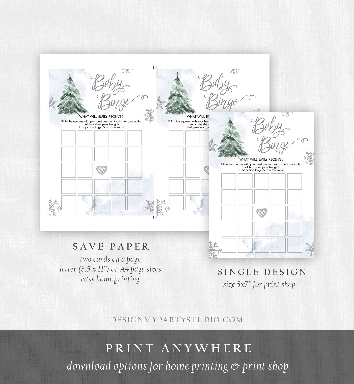 Editable Baby Bingo Baby Shower Game Winter Baby Shower Cold Outside Snowflake Boy Silver Blue Tree Watercolor Corjl Template Printable 0363