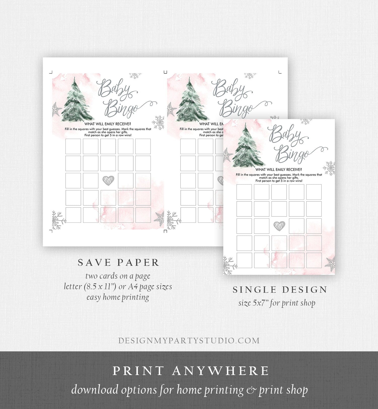 Editable Baby Bingo Baby Shower Game Winter Baby Shower Cold Outside Snowflake Girl Pink Tree Watercolor Corjl Template Printable 0363