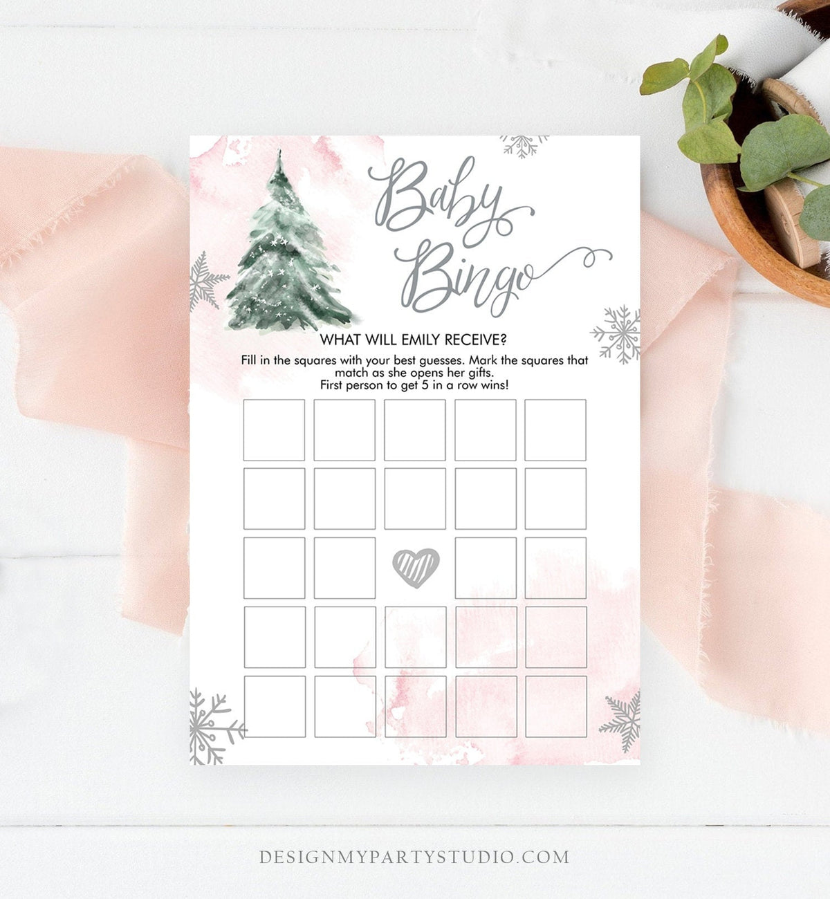 Editable Baby Bingo Baby Shower Game Winter Baby Shower Cold Outside Snowflake Girl Pink Tree Watercolor Corjl Template Printable 0363