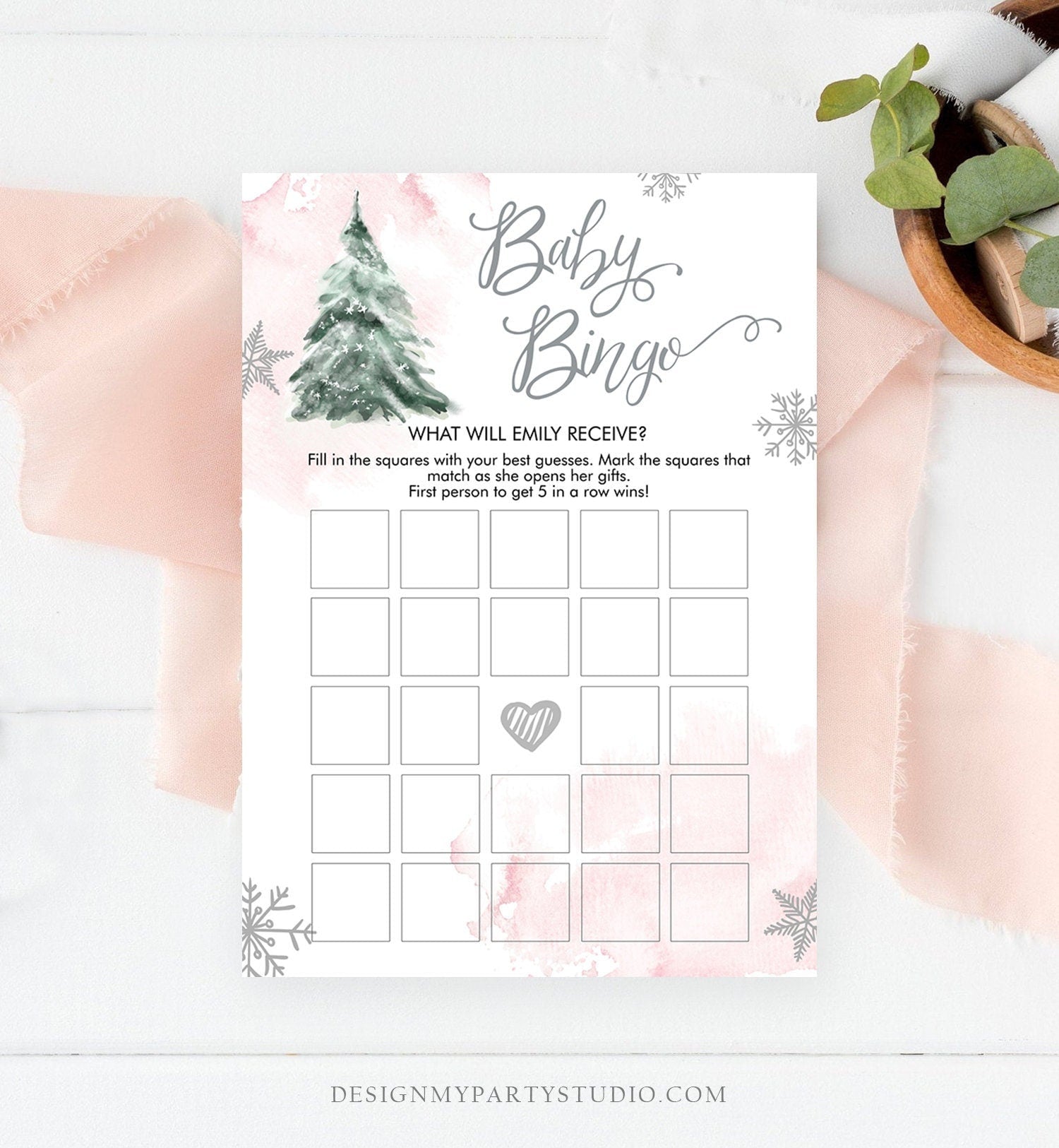 Editable Baby Bingo Baby Shower Game Winter Baby Shower Cold Outside Snowflake Girl Pink Tree Watercolor Corjl Template Printable 0363