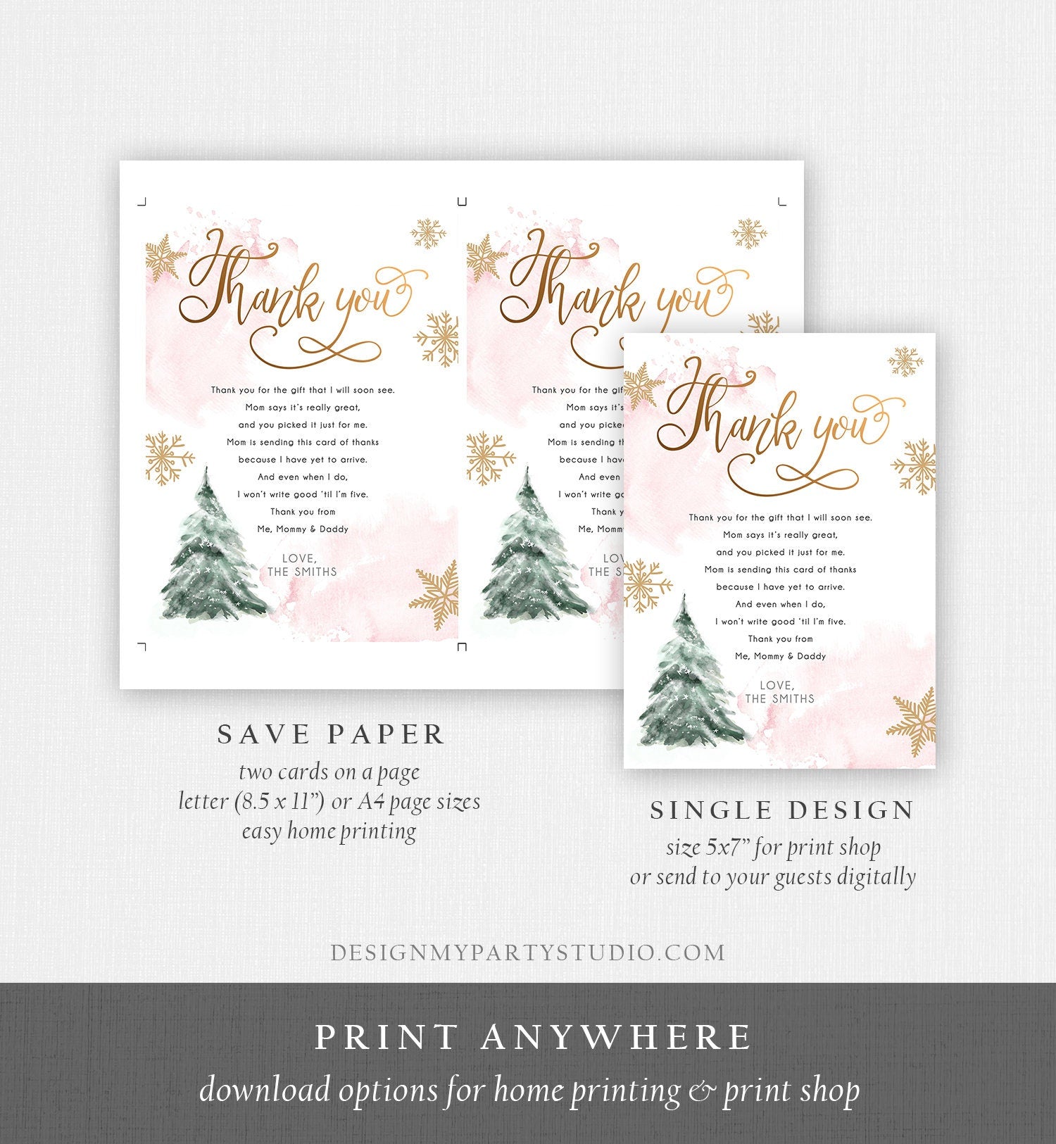 Editable Winter Tree Thank You Card Watercolor Baby Its Cold Outside Baby Shower Pink Girl Gold Neutral Snow Template Download Corjl 0363