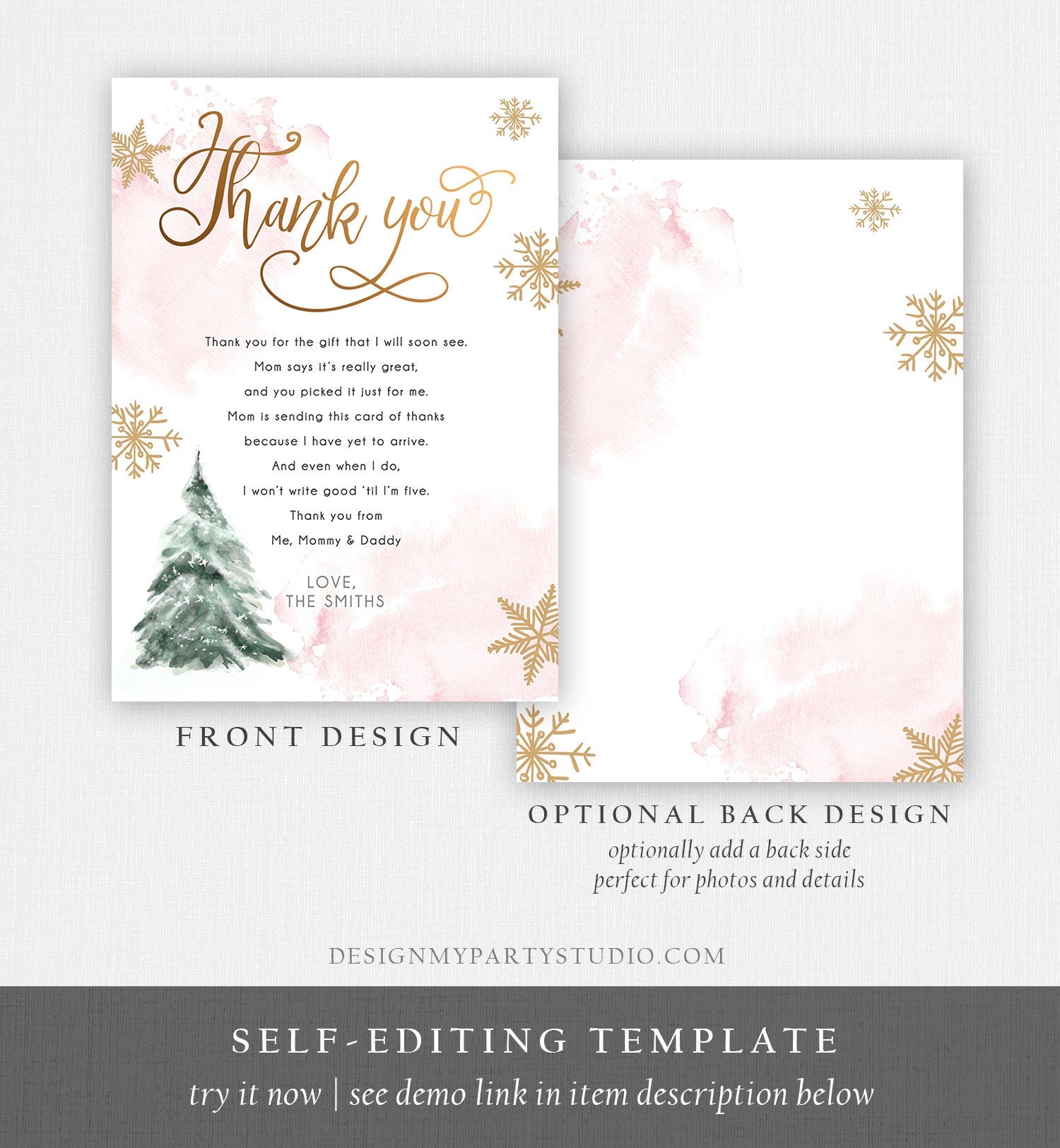 Editable Winter Tree Thank You Card Watercolor Baby Its Cold Outside Baby Shower Pink Girl Gold Neutral Snow Template Download Corjl 0363