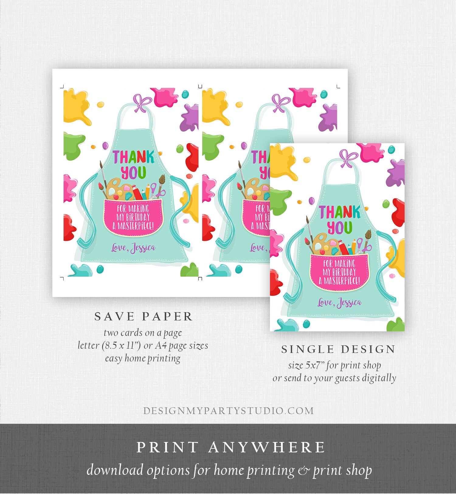 Editable Art Party Thank You Card Girl Boy Birthday Painting Crafting Party Paint Craft Apron Arts Printable Corjl Template Digital 0319