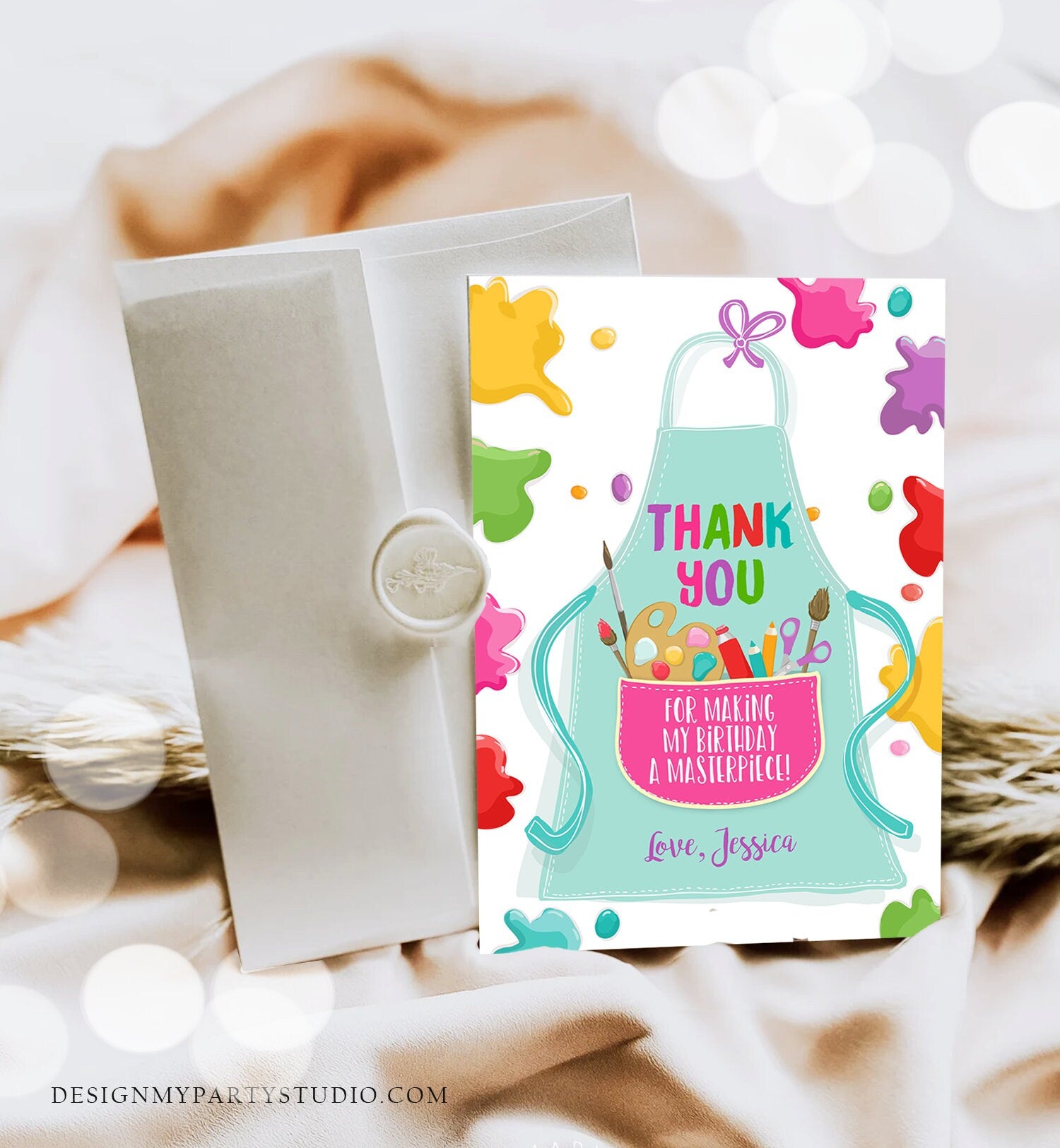 Editable Art Party Thank You Card Girl Boy Birthday Painting Crafting Party Paint Craft Apron Arts Printable Corjl Template Digital 0319