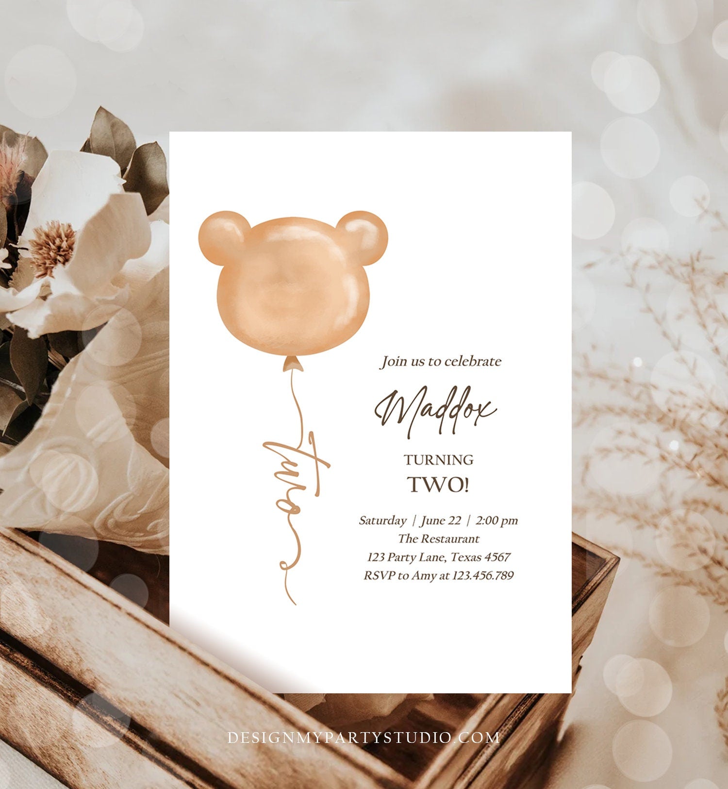 Editable Bear Birthday Invitation 2nd Birthday Bear Balloon Teddy Bears Picnic Neutral Boho Printable Template Instant Download Corjl 0439