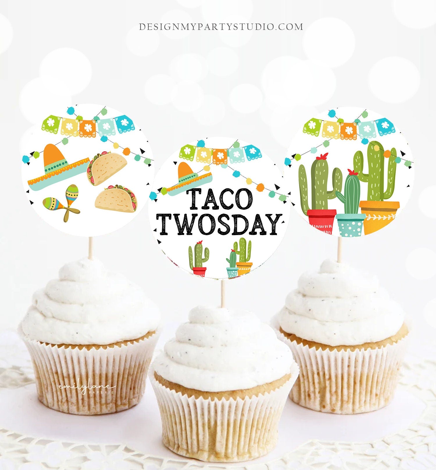 Taco Twosday Fiesta Cupcake Toppers Favor Tag Sticker Second Birthday Party Decoration Fiesta Mexican Cactus Instant Download Printable 0161