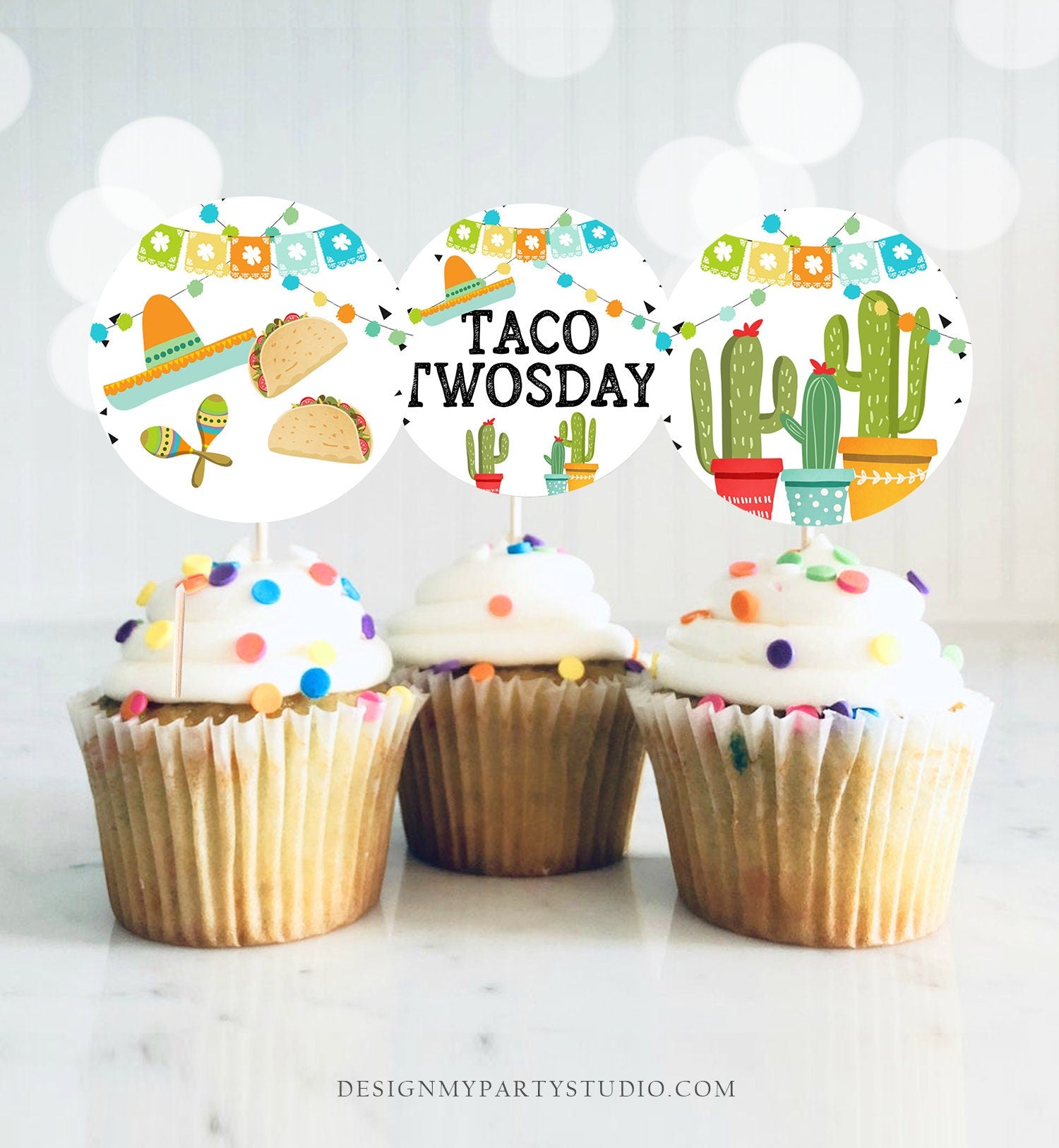 Taco Twosday Fiesta Cupcake Toppers Favor Tag Sticker Second Birthday Party Decoration Fiesta Mexican Cactus Instant Download Printable 0161