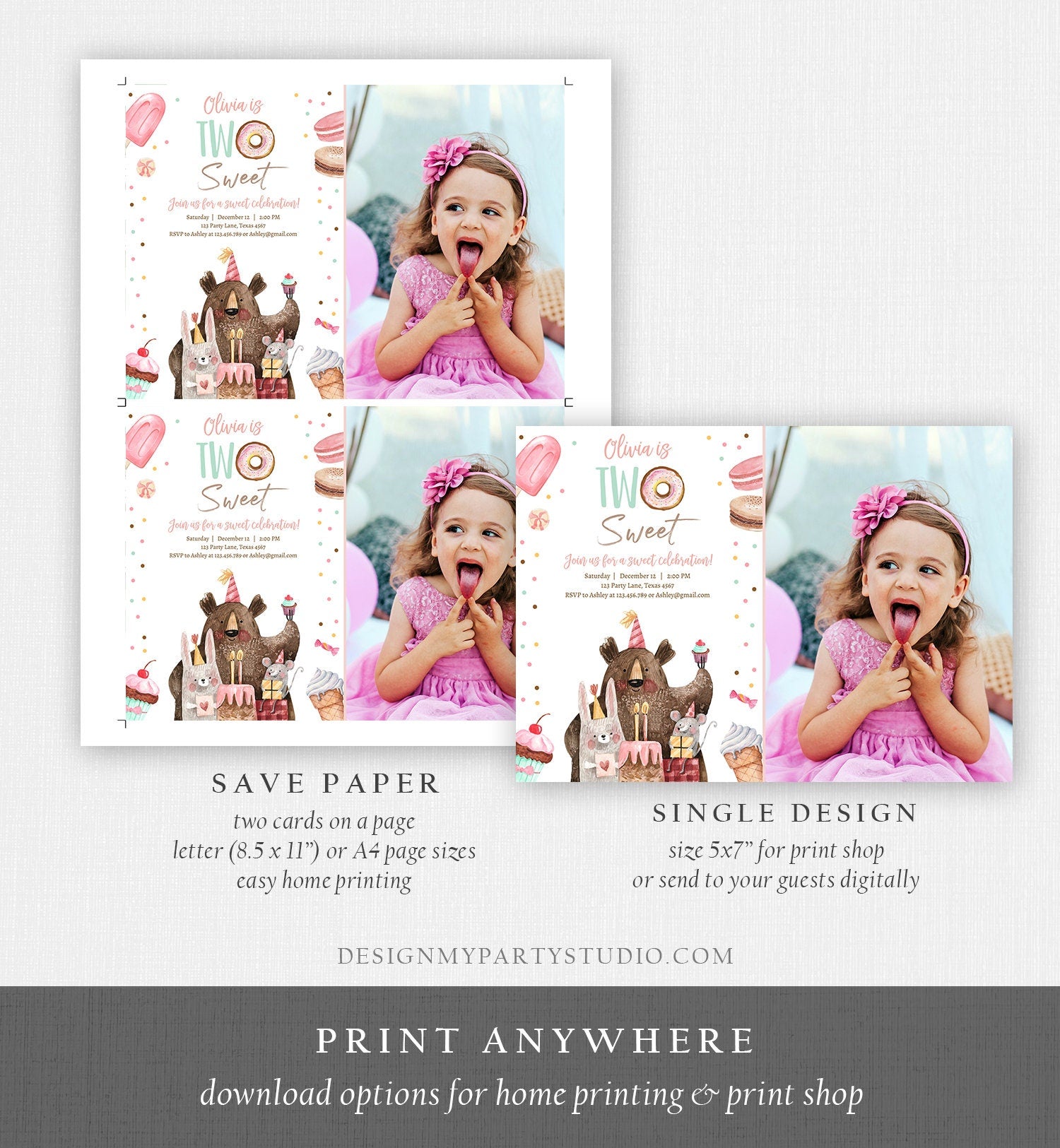 Editable Two Sweet Birthday Invitation Second Birthday Party Girl Donut Ice Cream Animals Digital Download Printable Template Corjl 0373