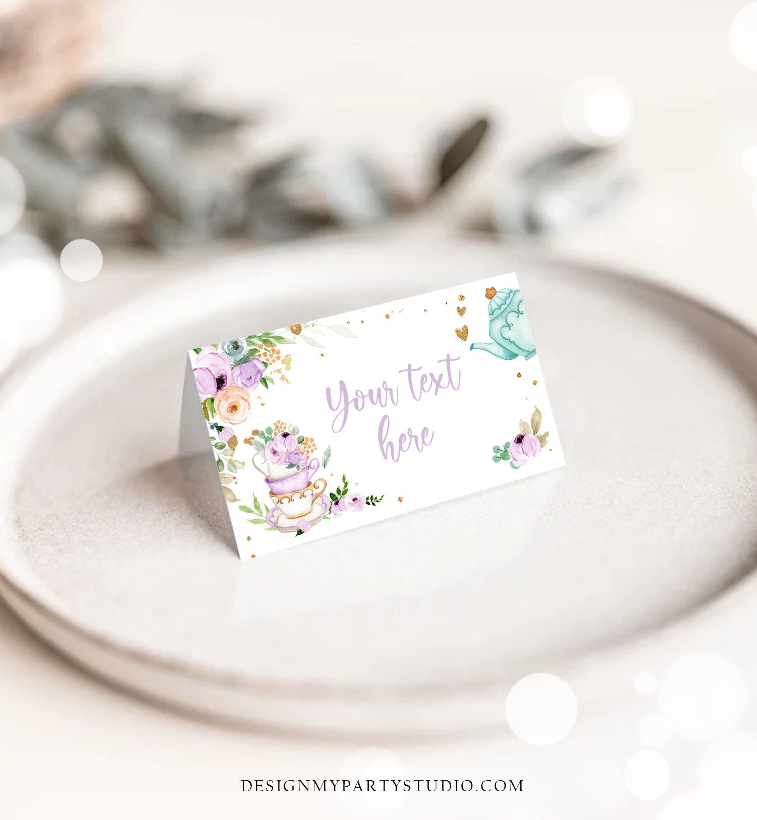 Editable Tea Party Food Label Tea Place Card Tent Card Escort Card Par-Tea Tea for Two Decor Purple Floral Digital Template Printable 0349