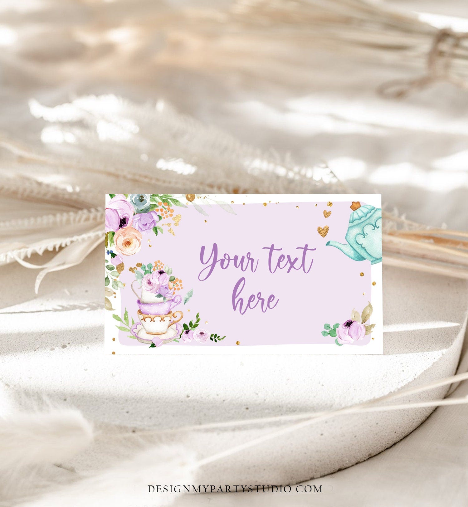 Editable Tea Party Food Label Tea Place Card Tent Card Escort Card Par-Tea Tea for Two Decor Purple Floral Printable Corjl Template 0349