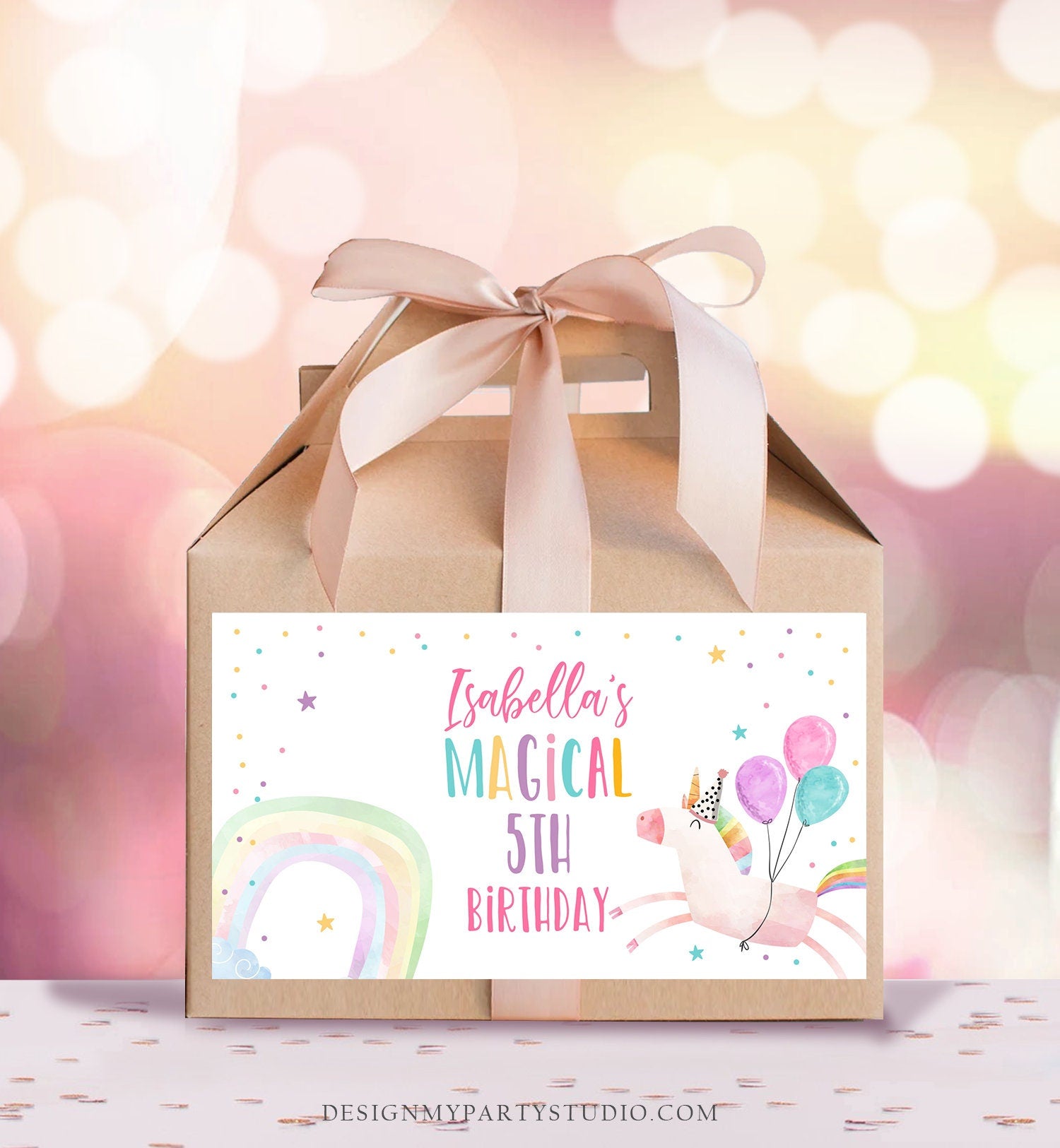 Editable Unicorn Birthday Party Gable Box Favor Label Magical Unicorn Gift Box Labels Girl Pink Pastel Unicorn Download Printable Corjl 0336