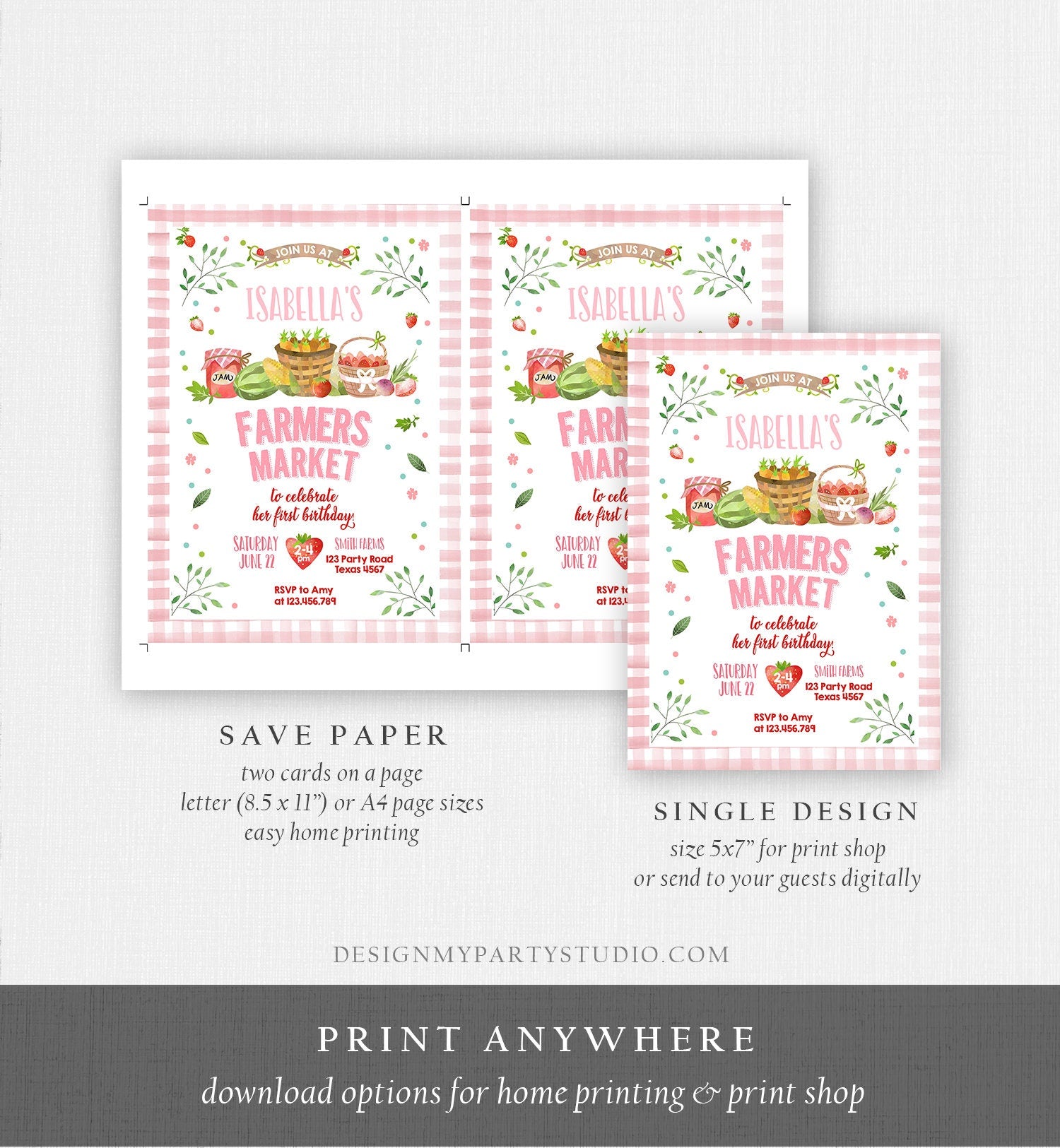 Editable Farmers Market Birthday Invitation Pink Strawberry Home Grown Veggies Farm Market Download Printable Invite Template Corjl 0144