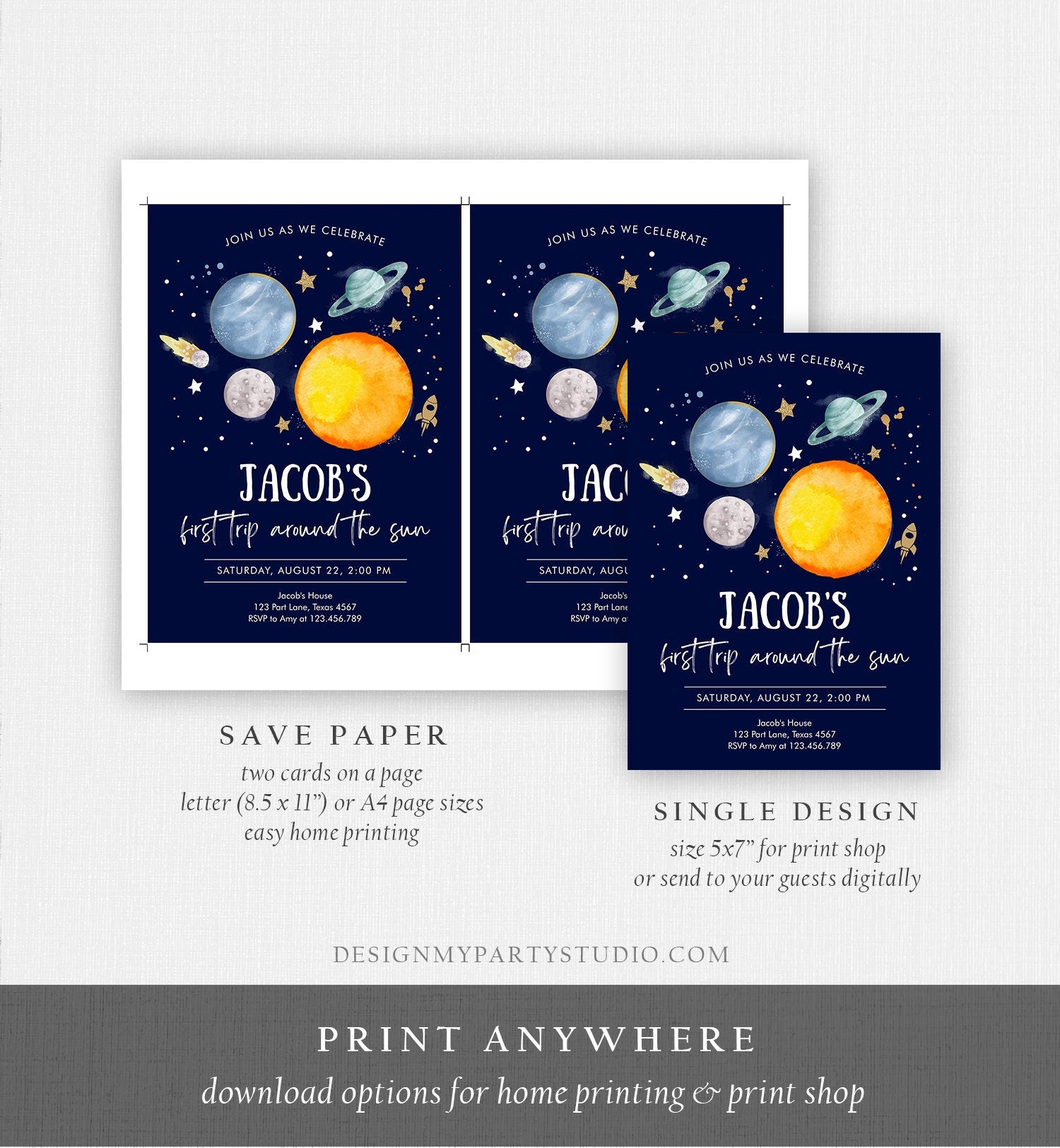 Editable Outer Space First Birthday Invitation Galaxy Blast Off First Trip Around the Sun Download Printable Template Digital Corjl 0357