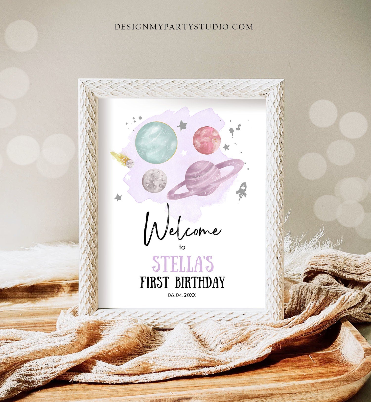 Editable Outer Space Birthday Welcome Sign 1st Birthday Girl Purple Silver Galaxy Planets Around the Sun Template PRINTABLE Corjl 0357