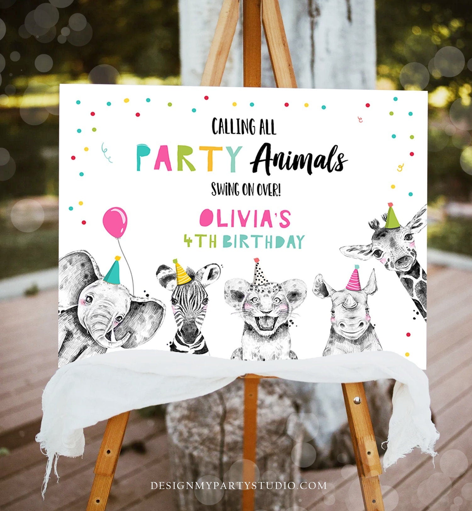 Editable Party Animals Welcome Sign Party Animal Sign Zoo Safari Animals Welcome Jungle Sign Girl Birthday Digital Template Printable 0390