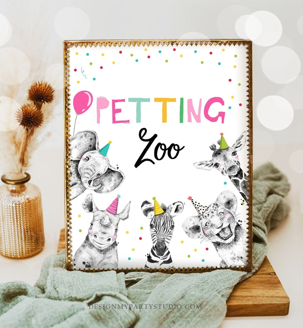 Petting Zoo Sign Safari Animals Party Sign Wild One Zoo Party Animals Birthday Confetti Decor Girl Pink Favor Sign Wild Party Printable 0390