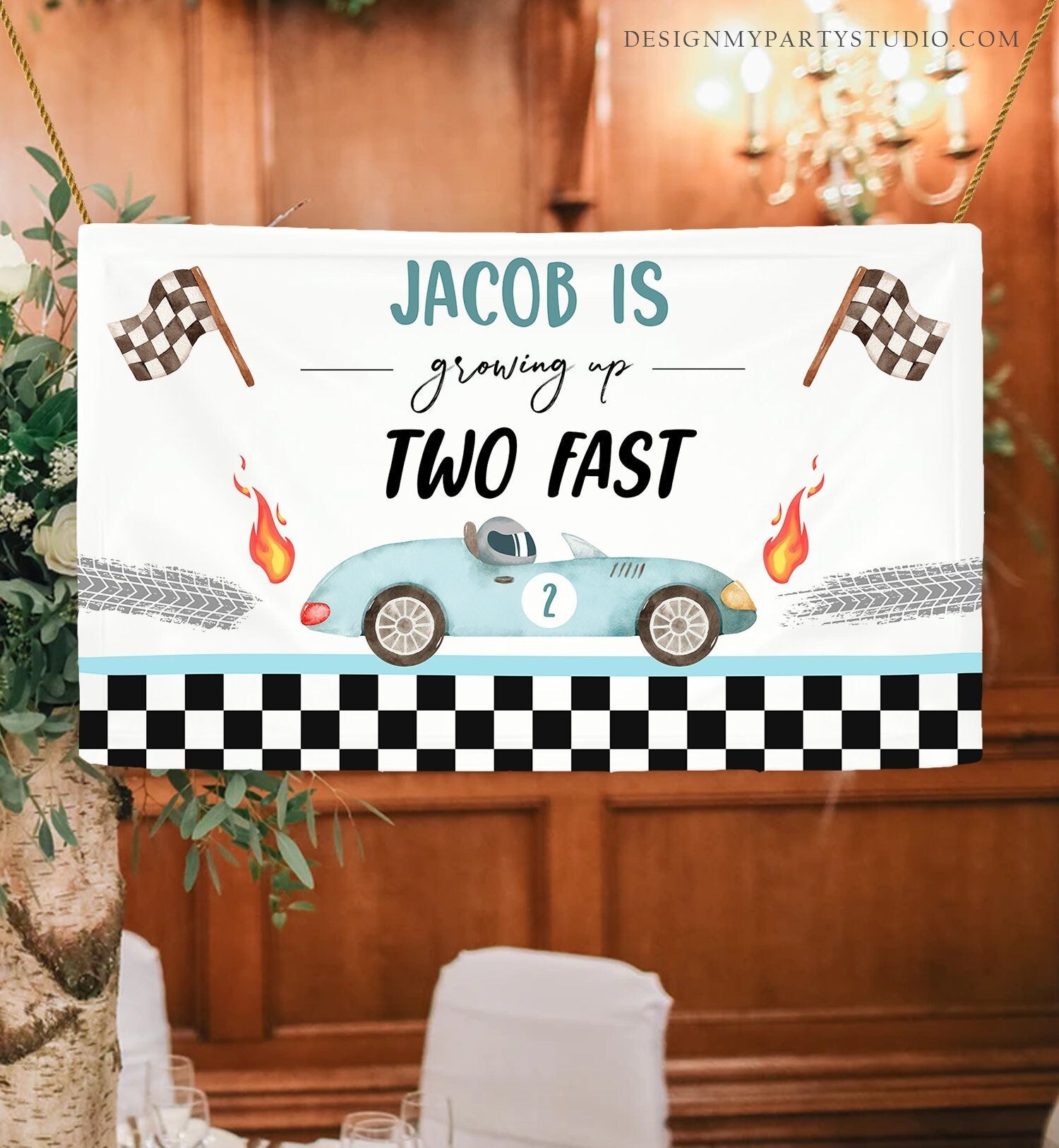 Editable Racing Car Backdrop Banner Growing Up Two Fast Birthday Boy 2nd Second 2 Fast Boy Instant Download Corjl Template Printable 0424