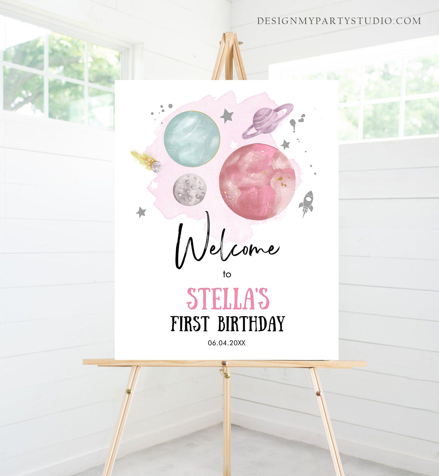 Editable Outer Space Birthday Welcome Sign 1st Birthday Girl Pink Galaxy Planets Trip Around the Sun Silver Digital Template Printable 0357