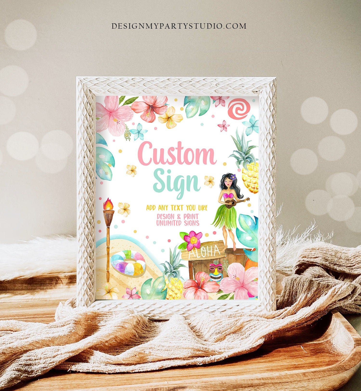 Editable Custom Sign Luau Birthday Decor Hawaiian Party Sign Table Sign Girl Tropical Aloha Pool Party 8x10 Corjl Template Printable 0413