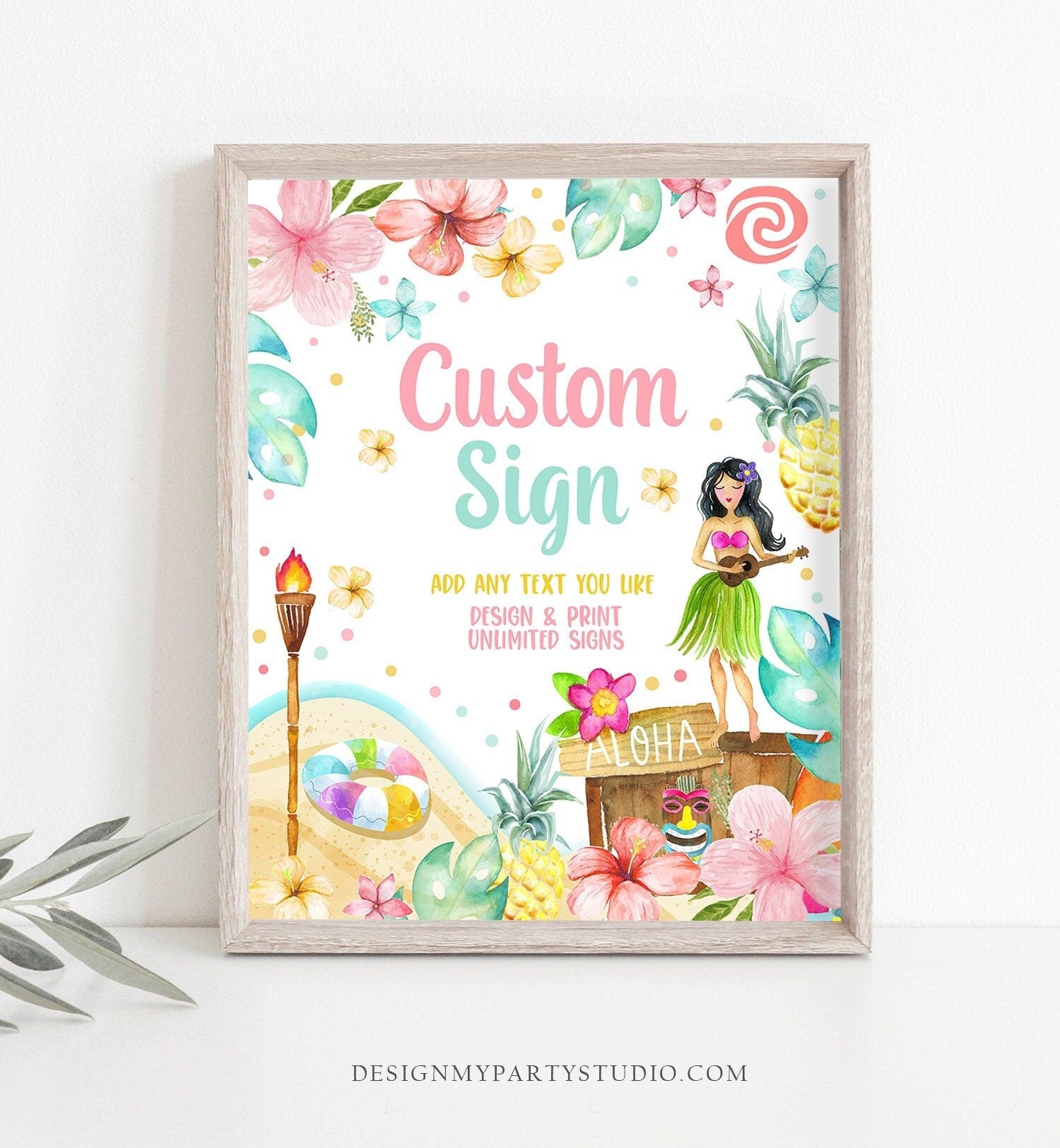 Editable Custom Sign Luau Birthday Decor Hawaiian Party Sign Table Sign Girl Tropical Aloha Pool Party 8x10 Corjl Template Printable 0413