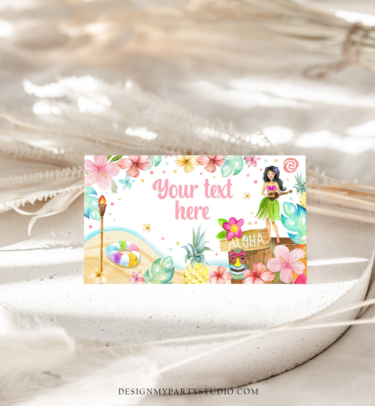 Editable Hawaiian Food Labels Luau Birthday Party Food Cards Tent Card Girl Pink Tropical Name Card Pool Party Hawaii Template Corjl 0413