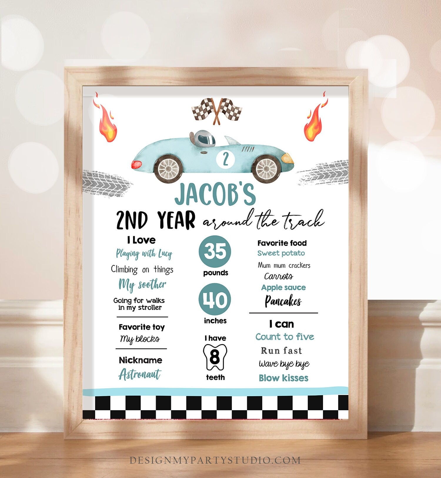 Editable Racing Birthday Milestones Sign Growing Up Two Fast Boy 2nd Year Around the Track Race Car ANY AGE Template Printable Corjl 0424