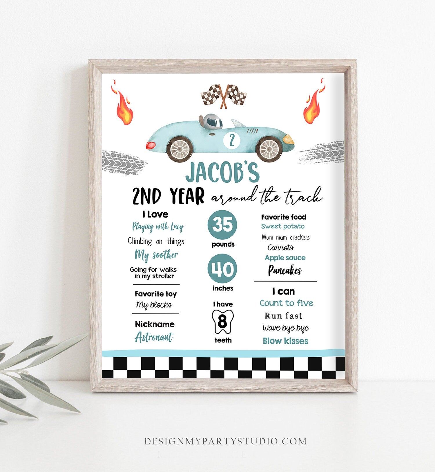 Editable Racing Birthday Milestones Sign Growing Up Two Fast Boy 2nd Year Around the Track Race Car ANY AGE Template Printable Corjl 0424