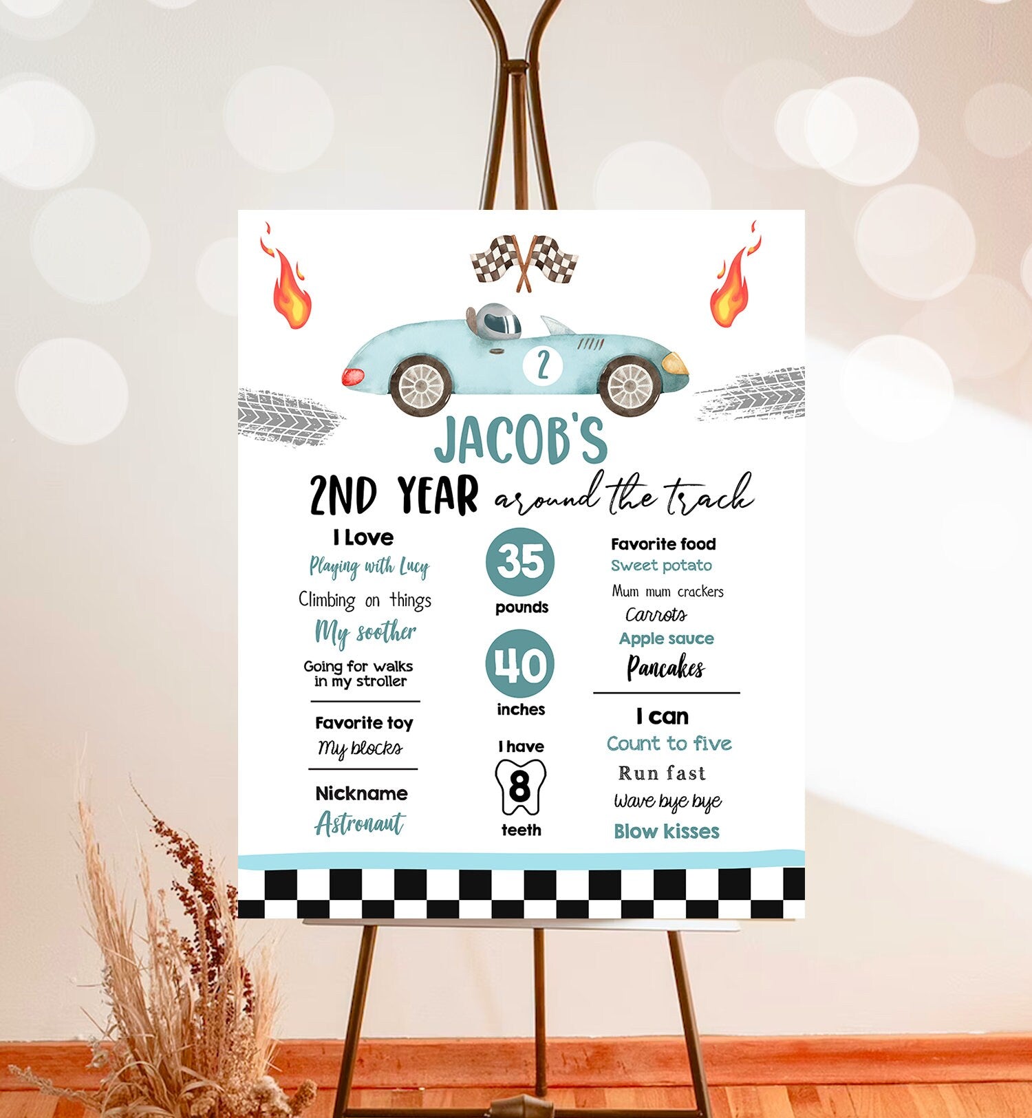 Editable Racing Birthday Milestones Sign Growing Up Two Fast Boy 2nd Year Around the Track Race Car ANY AGE Template Printable Corjl 0424