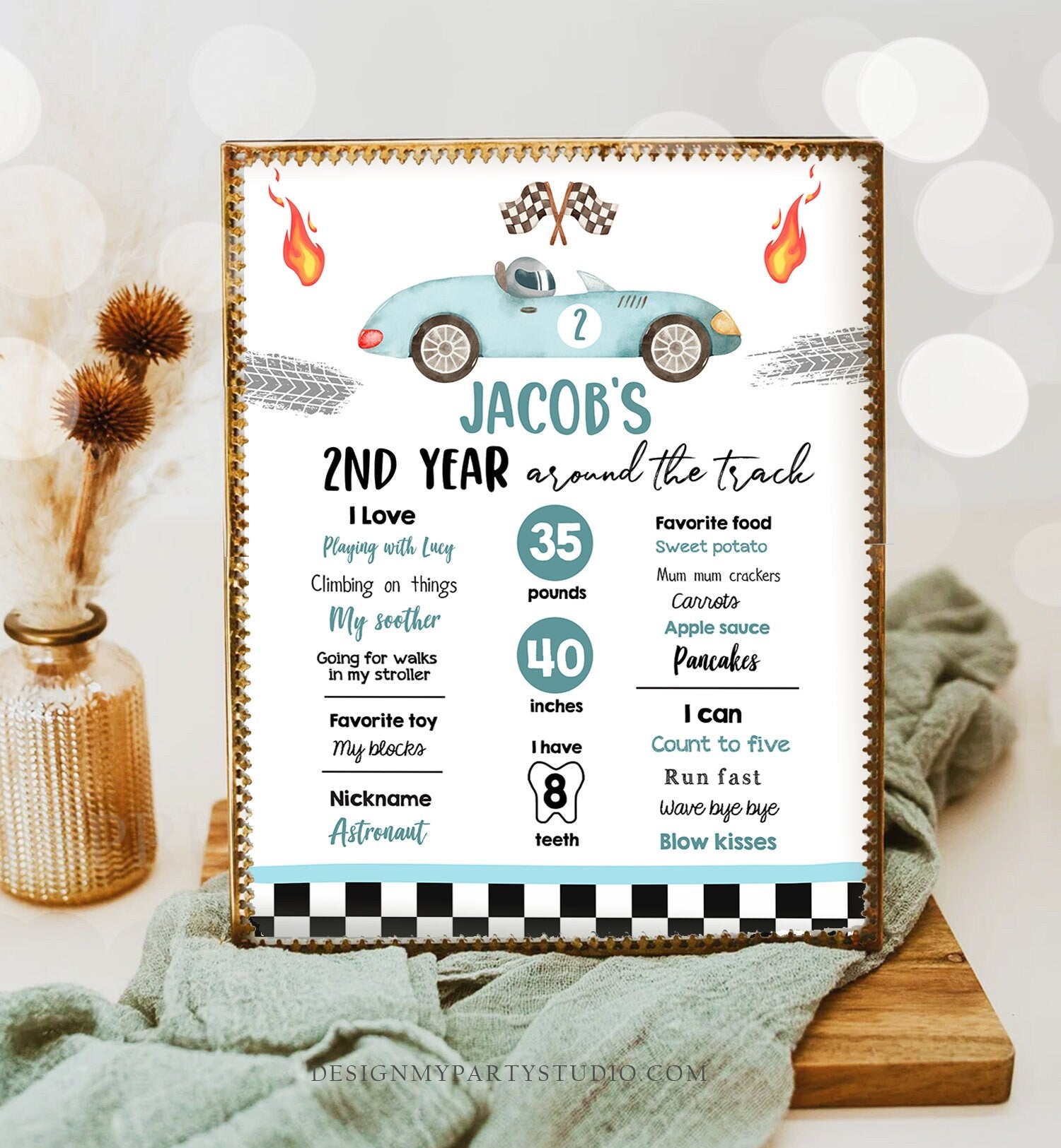 Editable Racing Birthday Milestones Sign Growing Up Two Fast Boy 2nd Year Around the Track Race Car ANY AGE Template Printable Corjl 0424