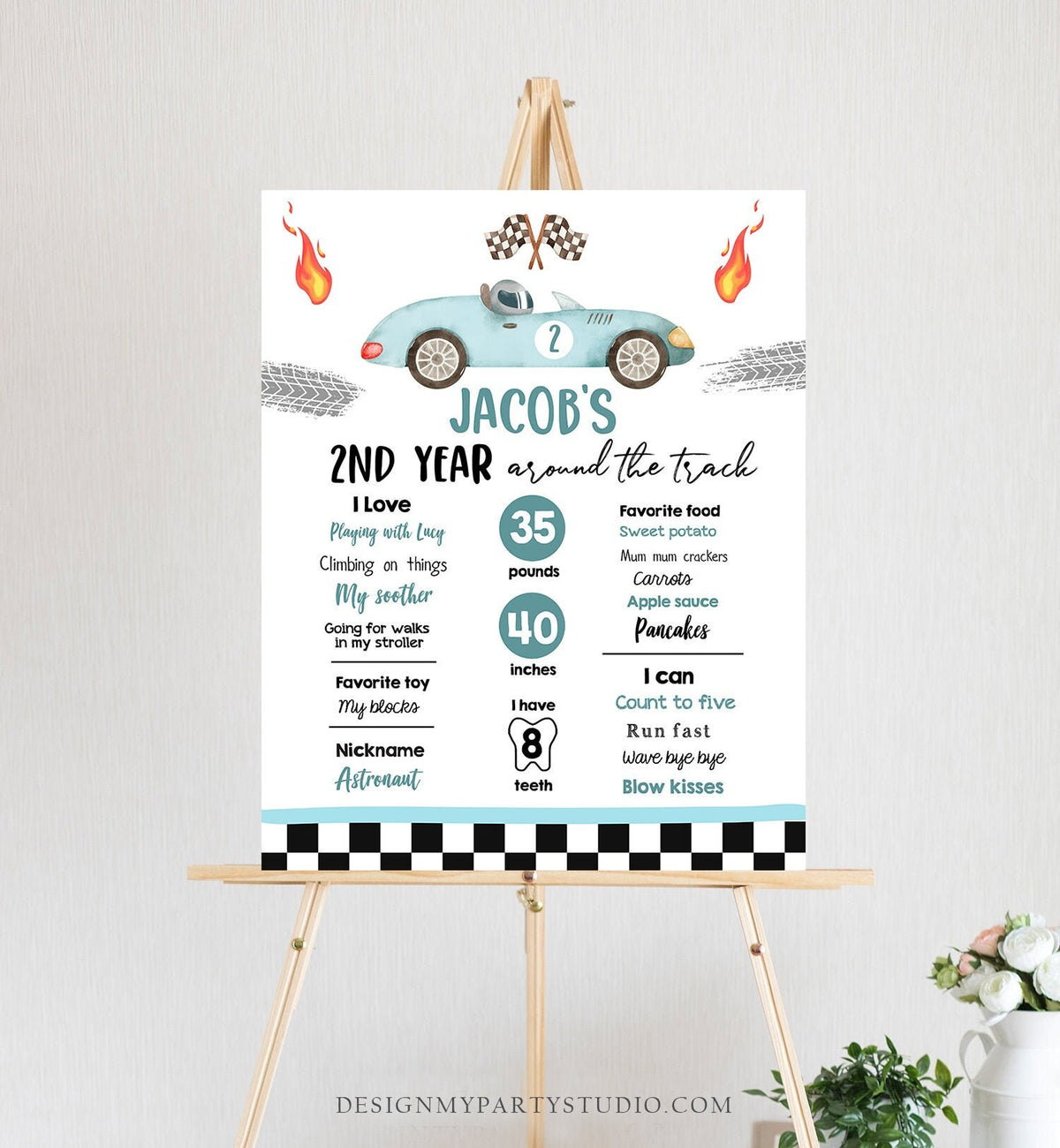 Editable Racing Birthday Milestones Sign Growing Up Two Fast Boy 2nd Year Around the Track Race Car ANY AGE Template Printable Corjl 0424