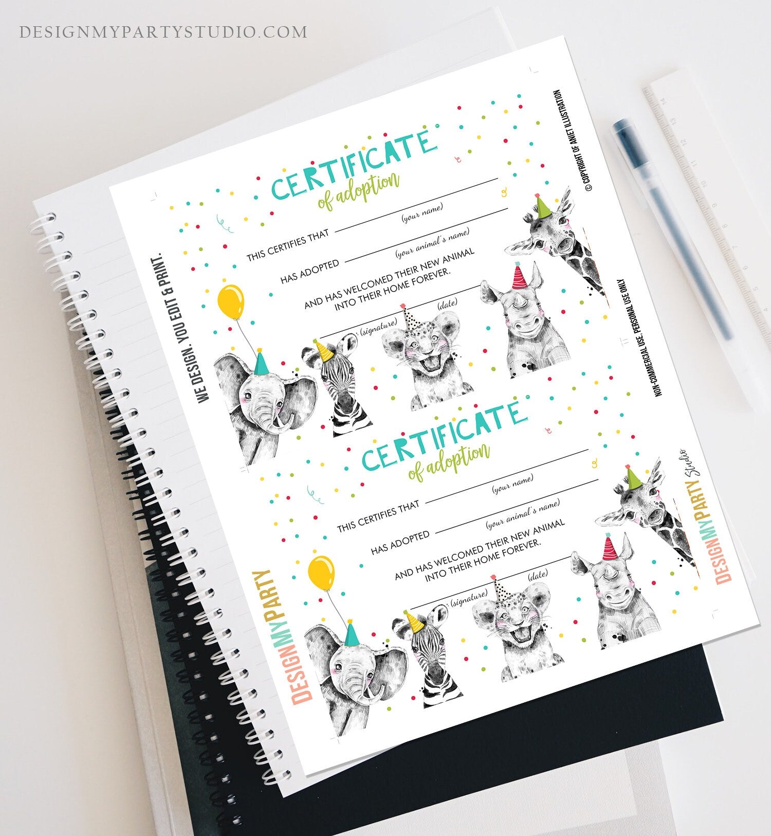 Adopt an Animal Adoption Certificate Safari Animals Adoption Wild One Birthday Party Animals Birthday Boy Digital Download Printable 0390