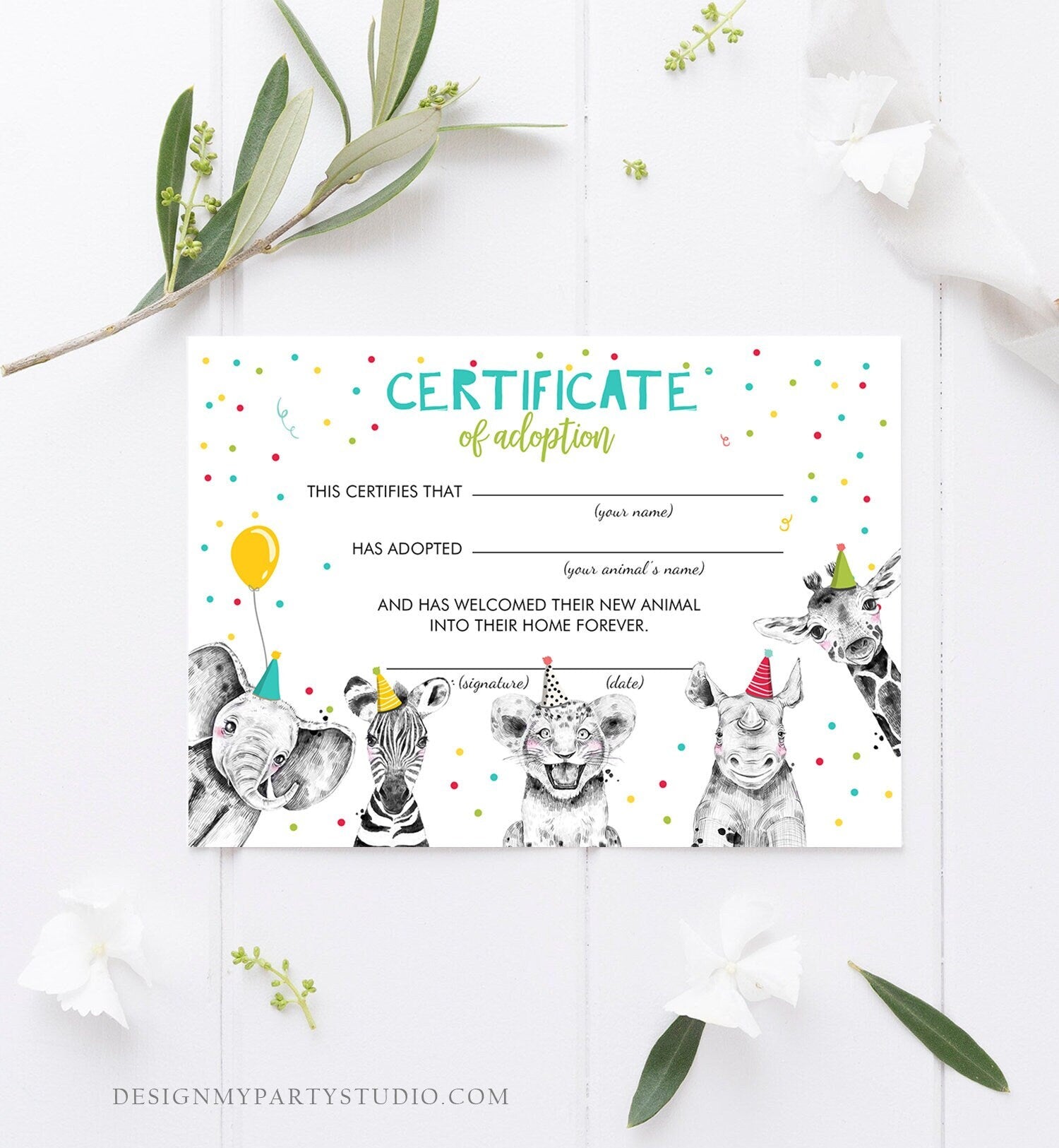 Adopt an Animal Adoption Certificate Safari Animals Adoption Wild One Birthday Party Animals Birthday Boy Digital Download Printable 0390