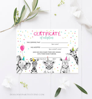 Adopt an Animal Adoption Certificate Safari Animals Adoption Wild One Birthday Party Animals Birthday Girl Download Digital PRINTABLE 0390