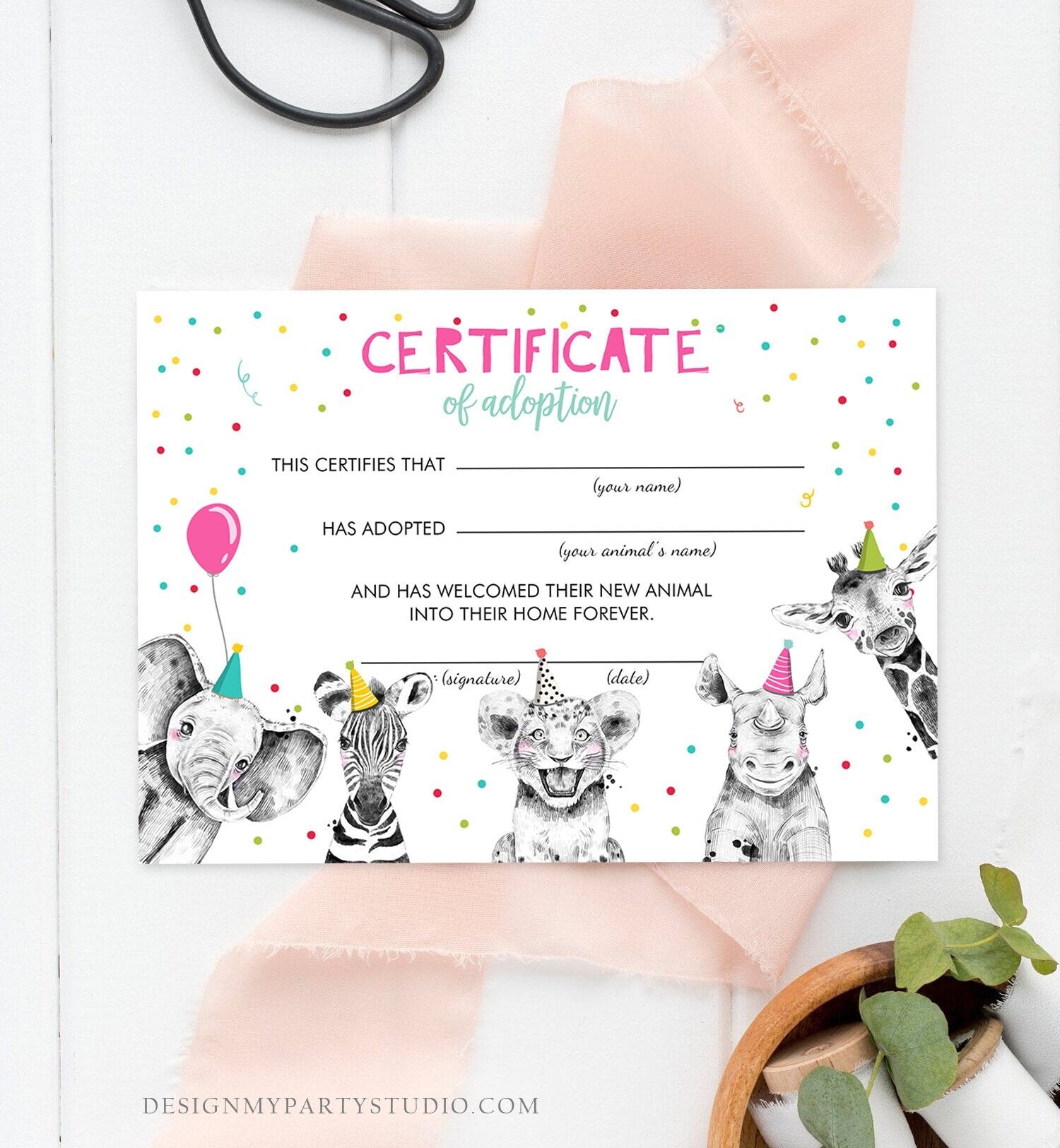 Adopt an Animal Adoption Certificate Safari Animals Adoption Wild One Birthday Party Animals Birthday Girl Download Digital PRINTABLE 0390