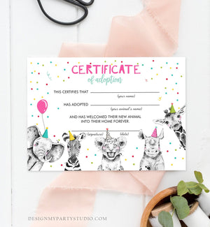 Adopt an Animal Adoption Certificate Safari Animals Adoption Wild One Birthday Party Animals Birthday Girl Download Digital PRINTABLE 0390