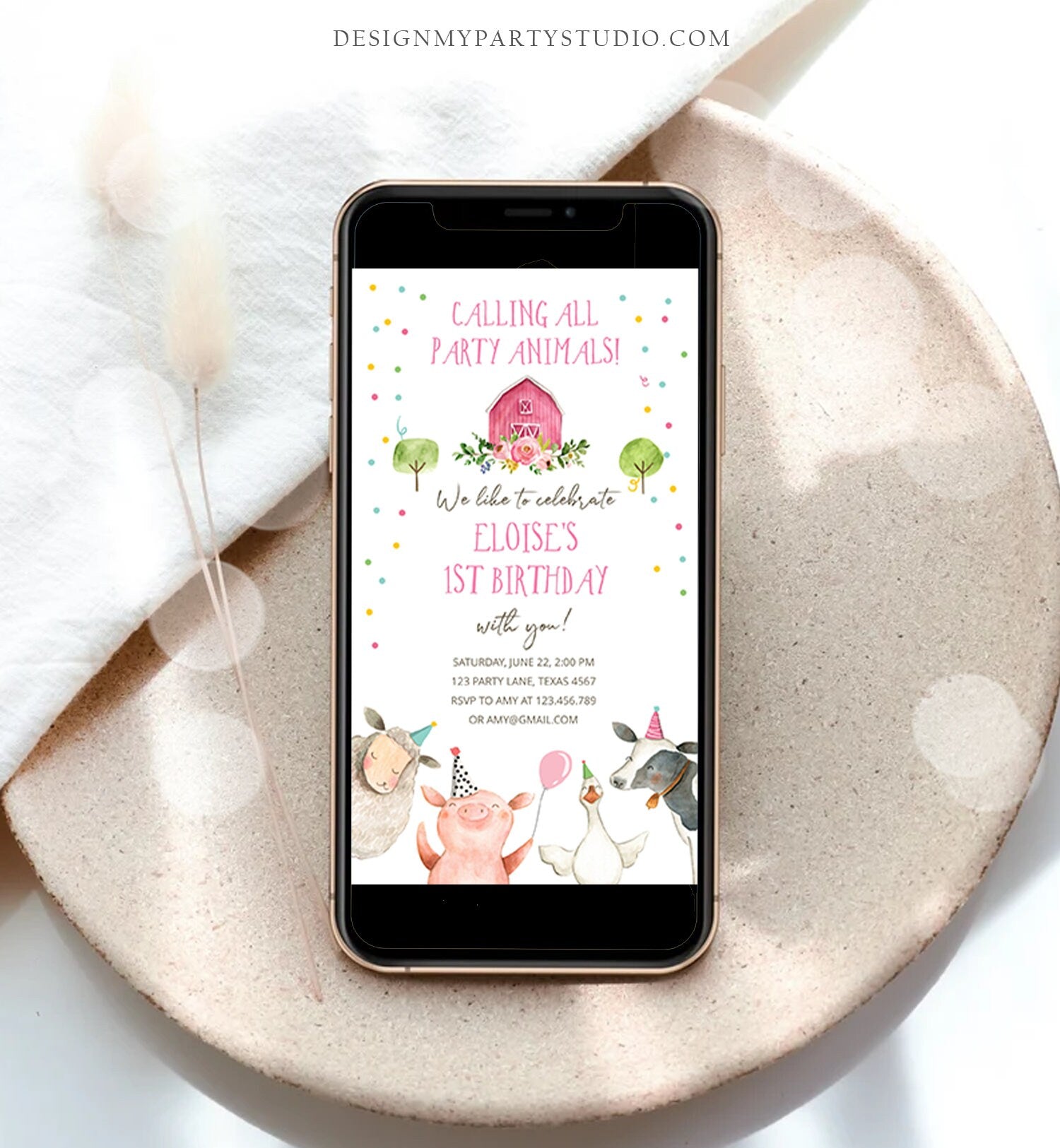 Editable Farm Animals Birthday Evite Girl Farm Pink Floral Barnyard All Party Animals Barn Pink Digital Download Phone Template 0155