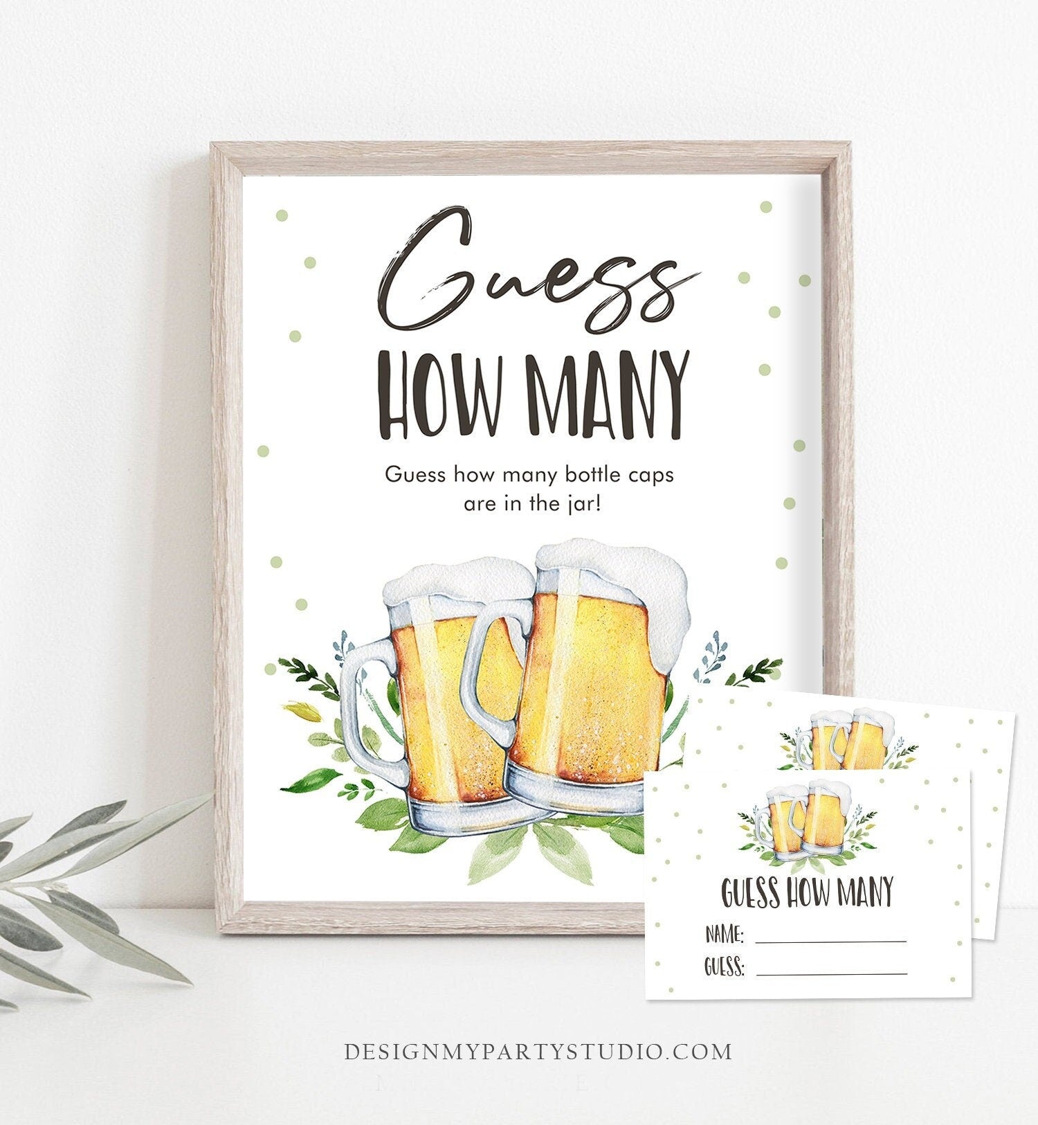 Editable Guess How Many Bottle Caps Are in the Jar Game Love is Brewing Shower Wedding Beer Mugs Bottle Floral Corjl Template Printable 0190