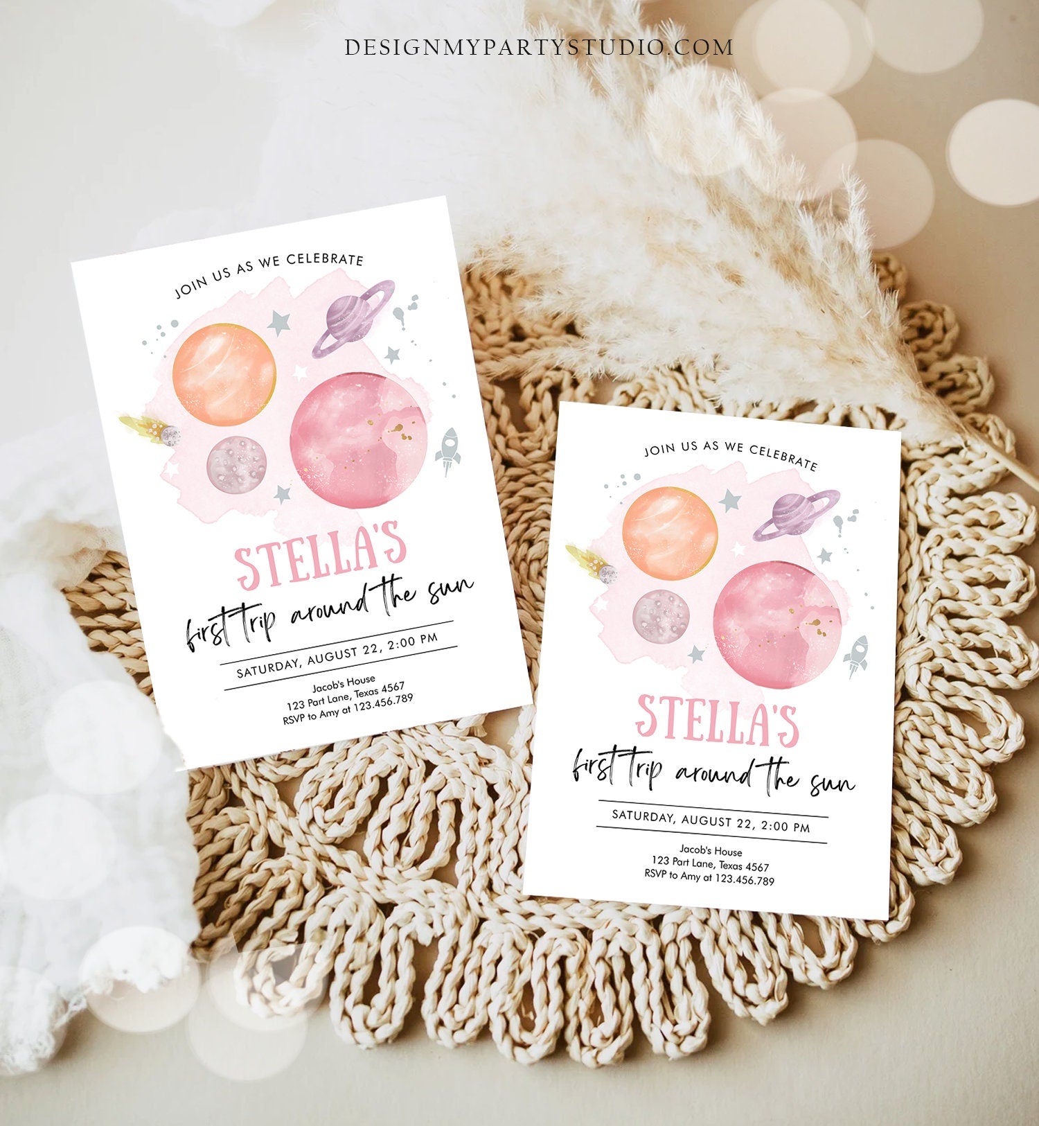 Editable Outer Space Girl First Birthday Invitation Galaxy First Trip Around the Sun Pink Silver Download Printable Template Corjl 0357