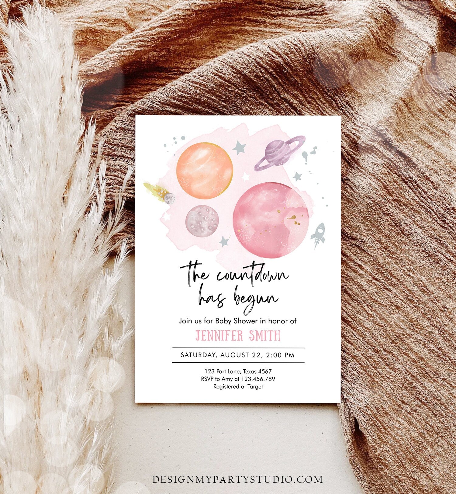 Editable Space Baby Shower Invitation Galaxy Outer Space Orange Girl Pink Planets Moon Countdown Invite Template Instant Download Corjl 0357