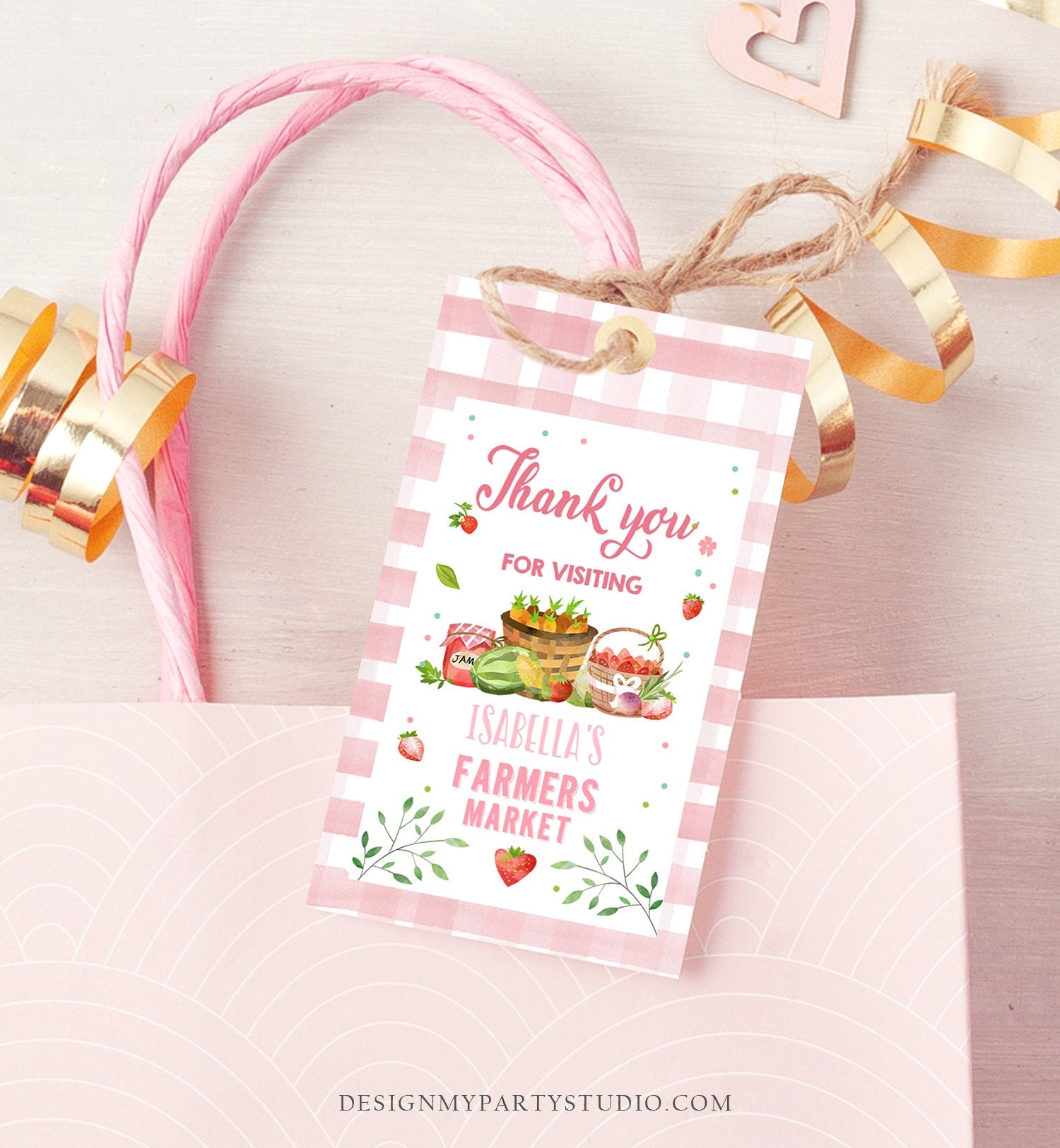 Editable Farmers Market Favor Tag Farmers Market Birthday Thank You Label Garden Gift Girl Pink Shower Gingham Corjl Template PRINTABLE 0144