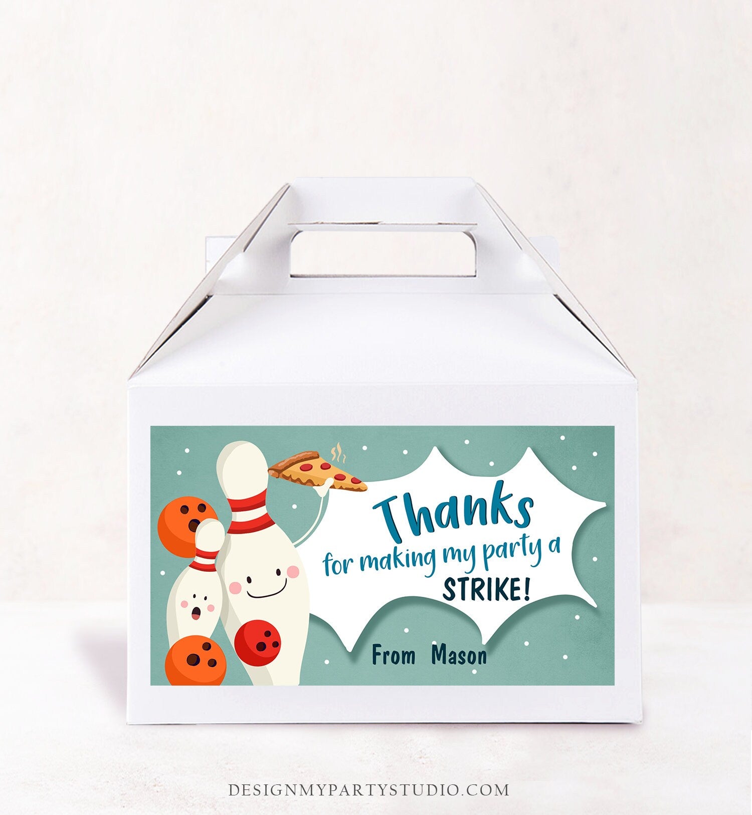 Editable Bowling Gable Box Favor Label Bowling Pins Birthday Party Gift Box Boy Thanks Strike Pizza Digital Download Template Printable 0324