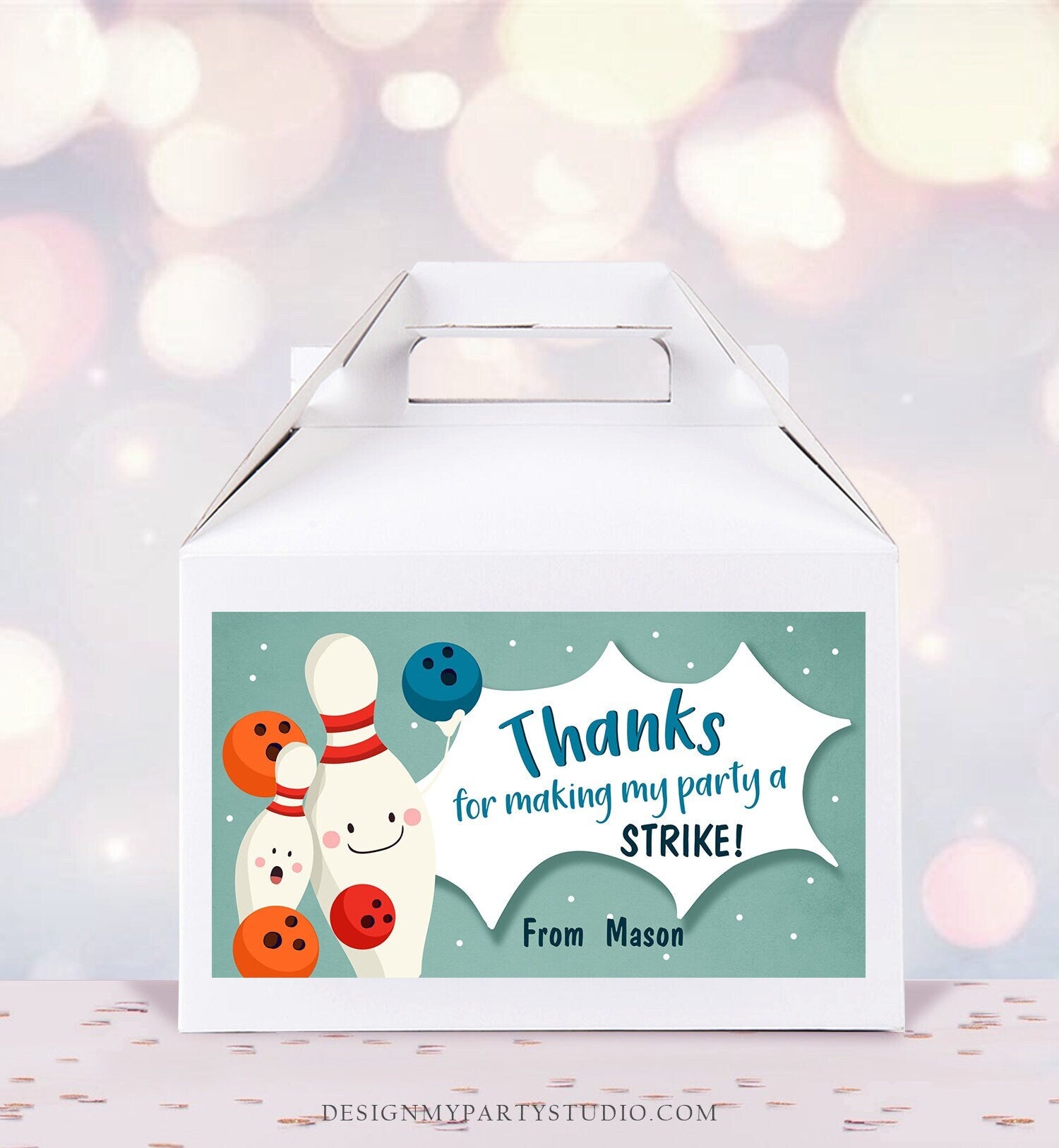 Editable Bowling Gable Box Favor Label Bowling Birthday Party Favor Box Label Boy Thank you Strike Digital Download Printable Instant 0324