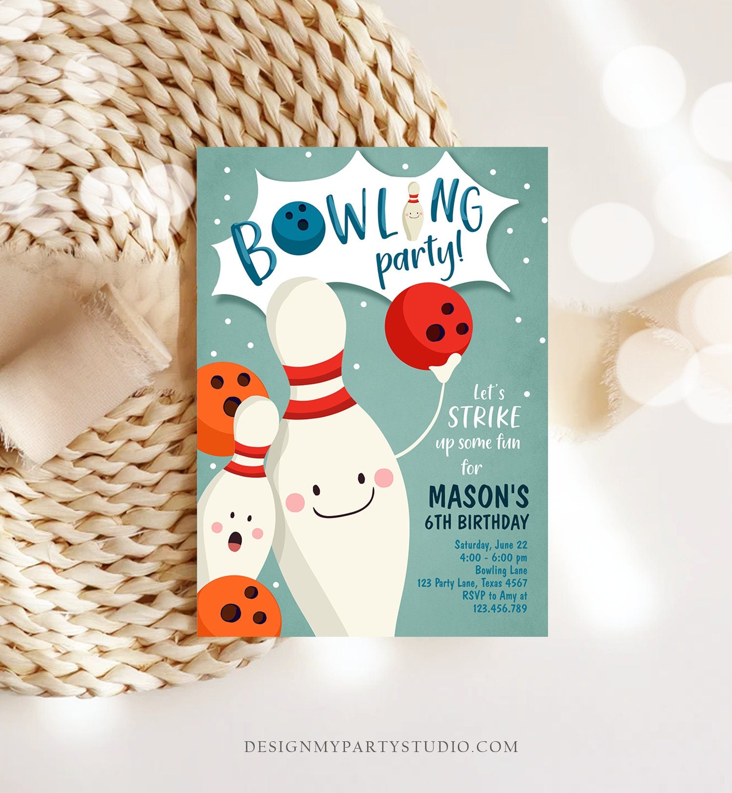 Editable Bowling Birthday Invitation Strike Up Some Fun Boy Bowling Party Blue Orange Instant Digital Download Printable Template Corjl 0324