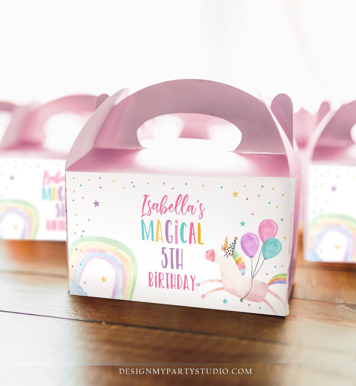 Editable Unicorn Birthday Party Gable Box Favor Label Magical Unicorn Gift Box Labels Girl Pink Pastel Unicorn Download Printable Corjl 0336